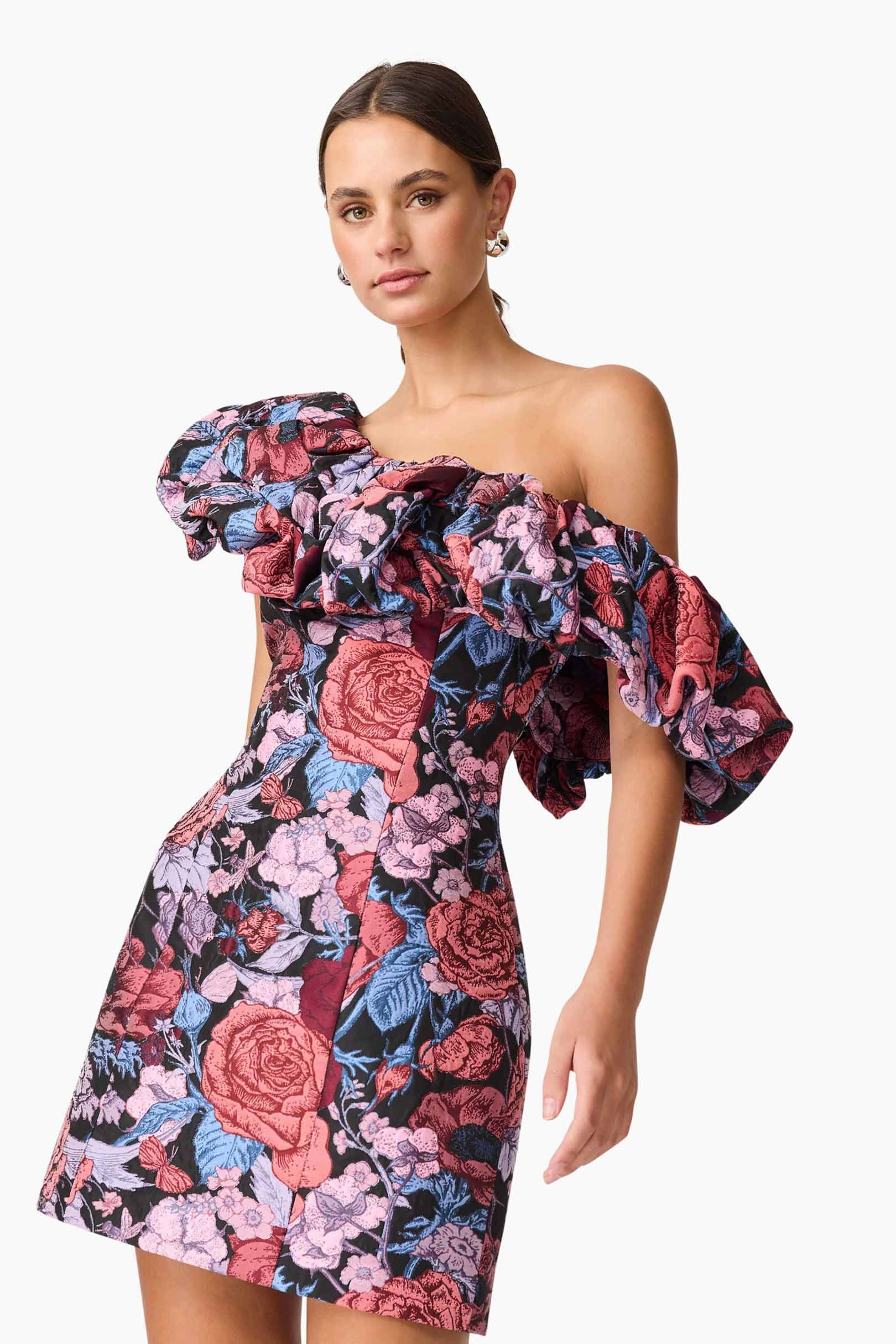 Open Back Easy Texture Delphine One Shoulder Mini Dress in Pink & Black Floral
