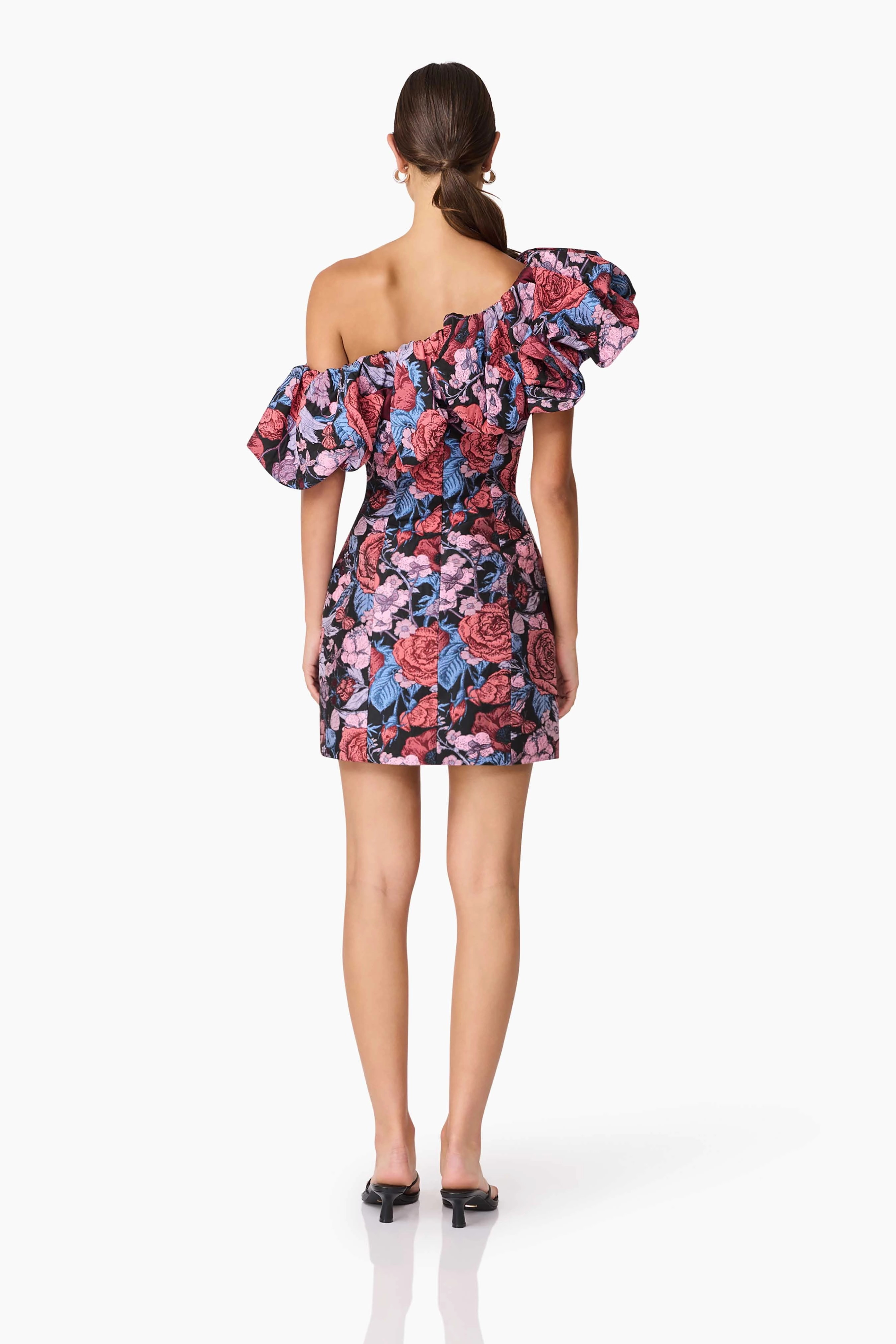 Basic Cool Delphine One Shoulder Mini Dress in Pink & Black Floral