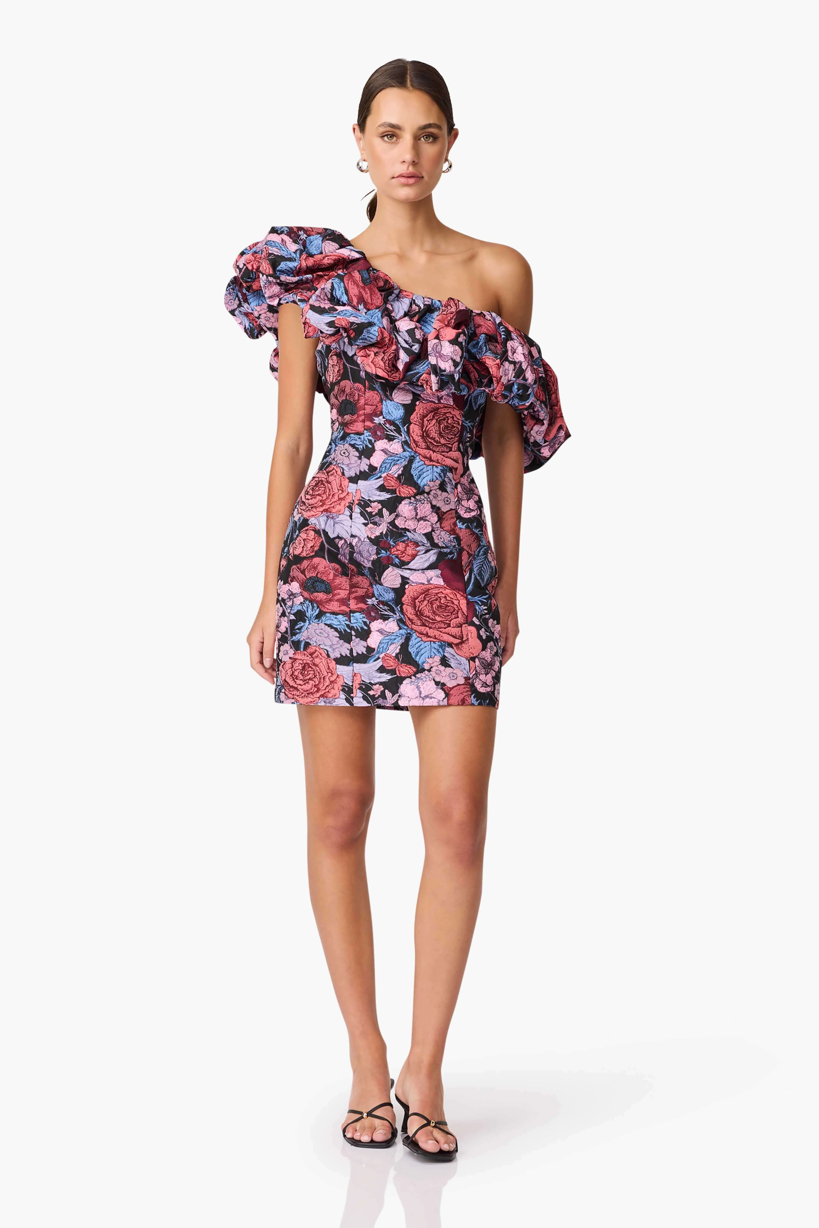 Sporty Look Delphine One Shoulder Mini Dress in Pink & Black Floral