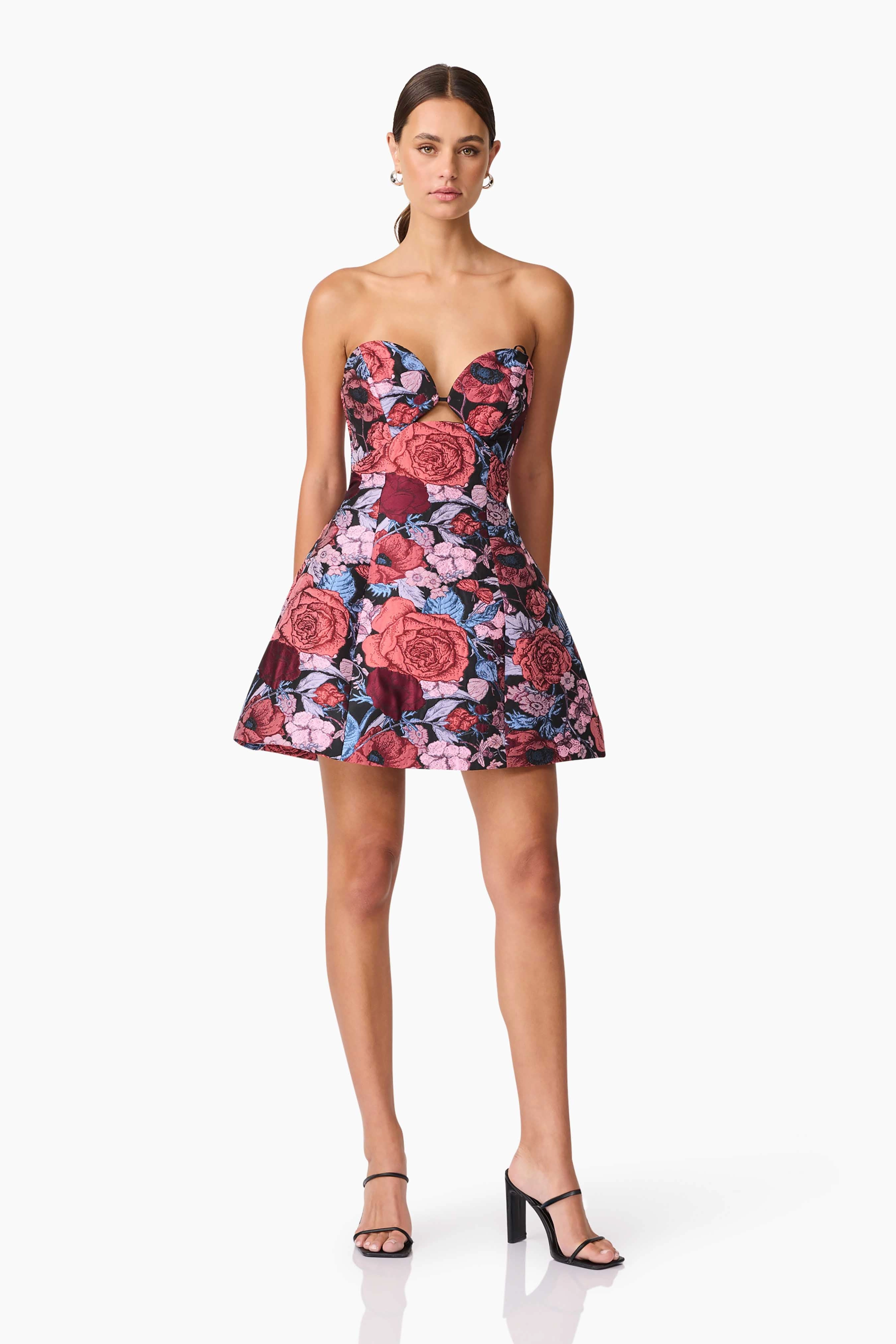 Delphine Tulip Mini Dress in Pink & Black Floral soft look