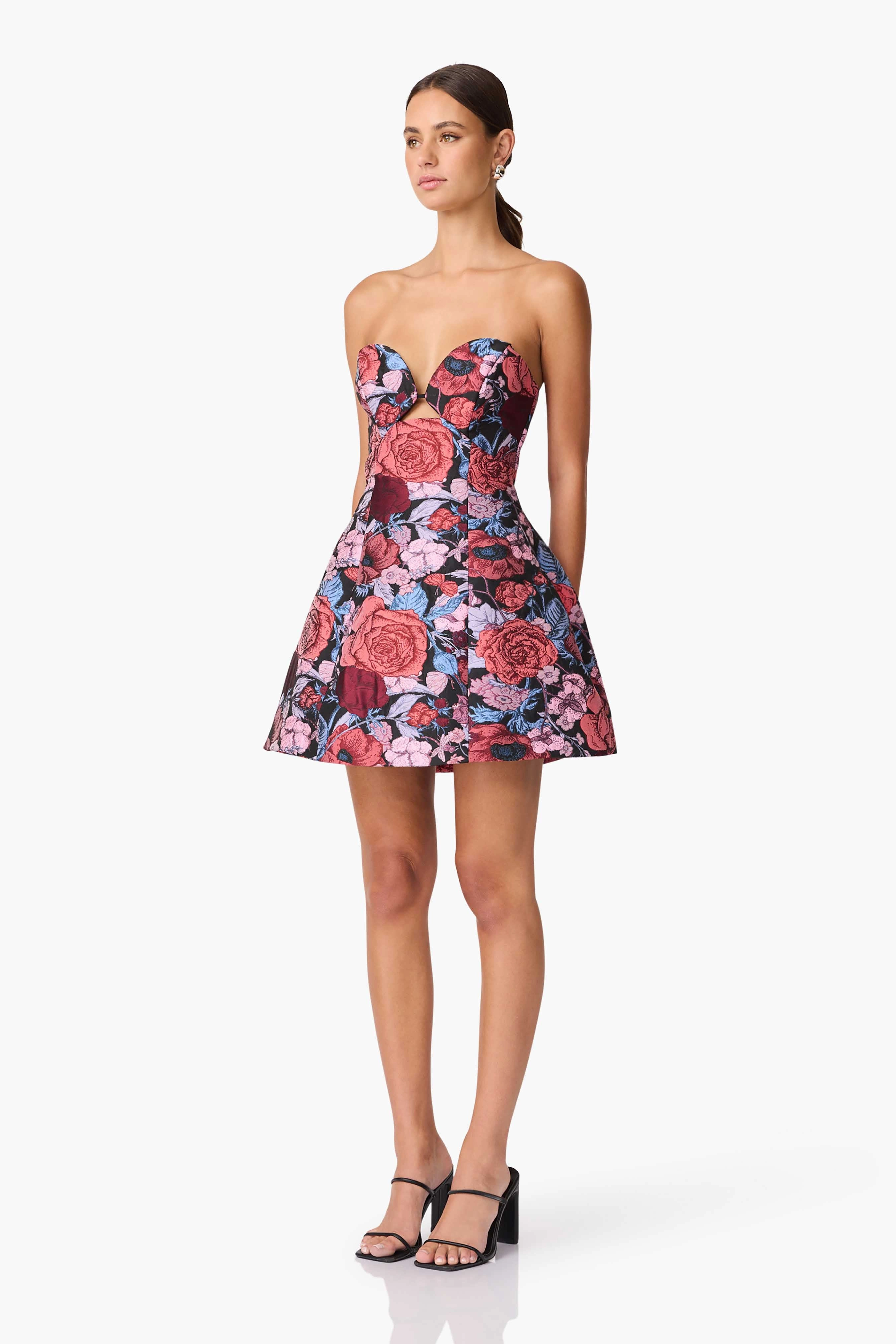 Delphine Tulip Mini Dress in Pink & Black Floral Layered Volume