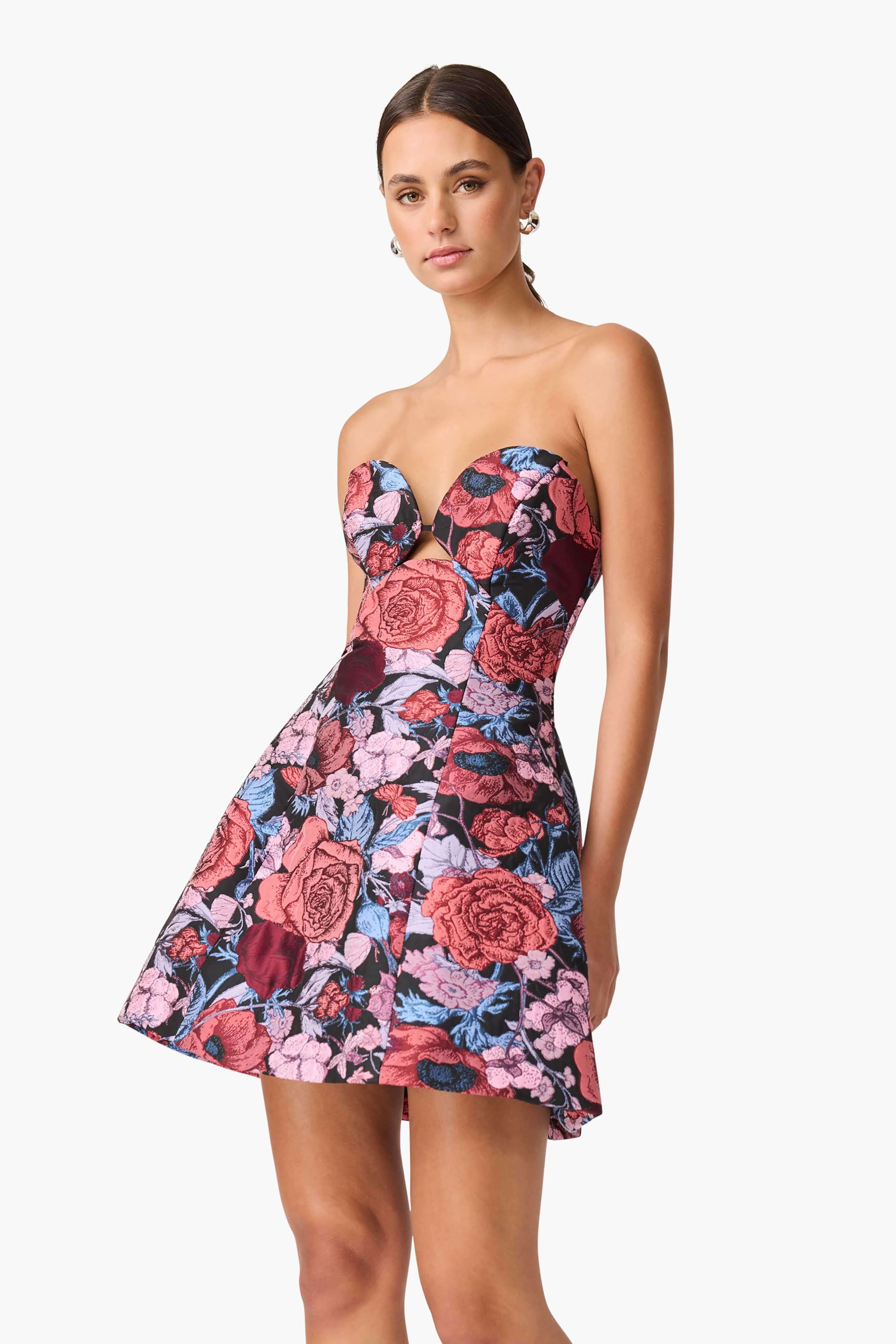 Delphine Tulip Mini Dress in Pink & Black Floral Soft-touch daywear