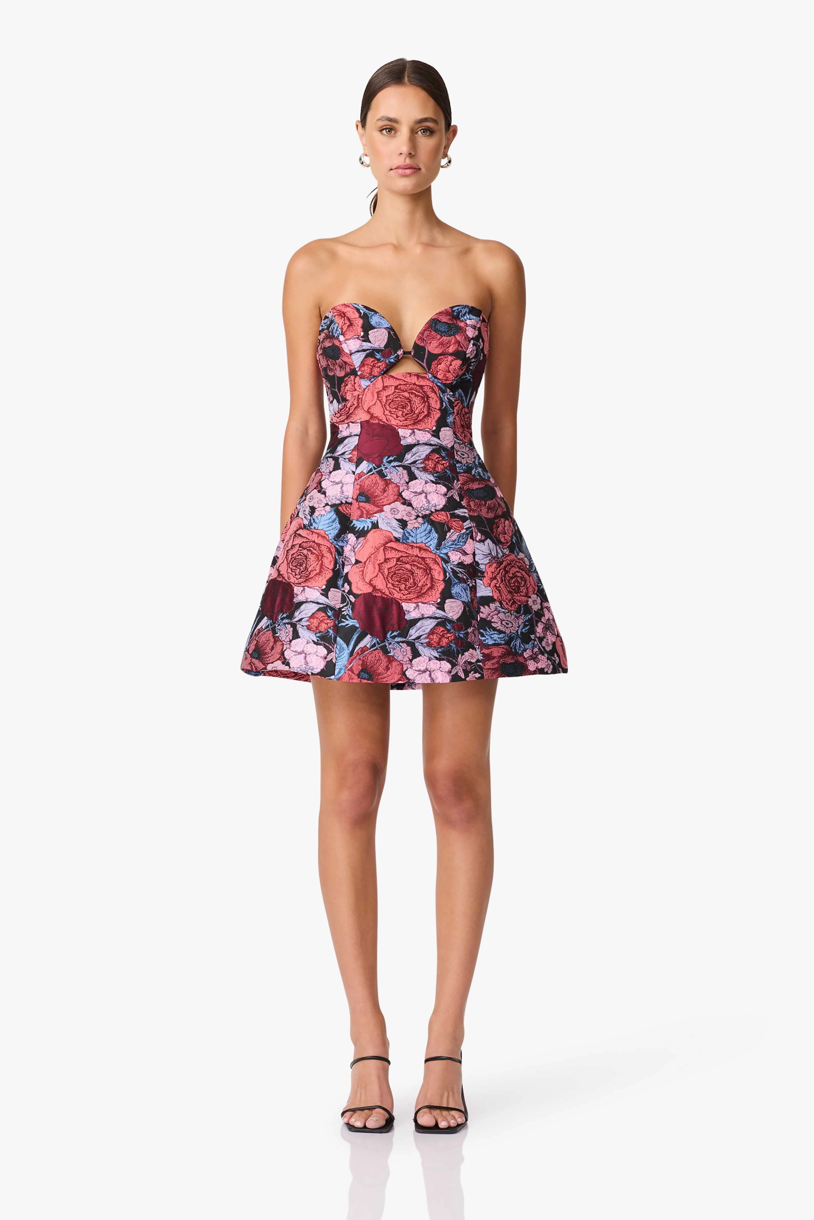 Elegant Appearance Effortless Look Delphine Tulip Mini Dress in Pink & Black Floral