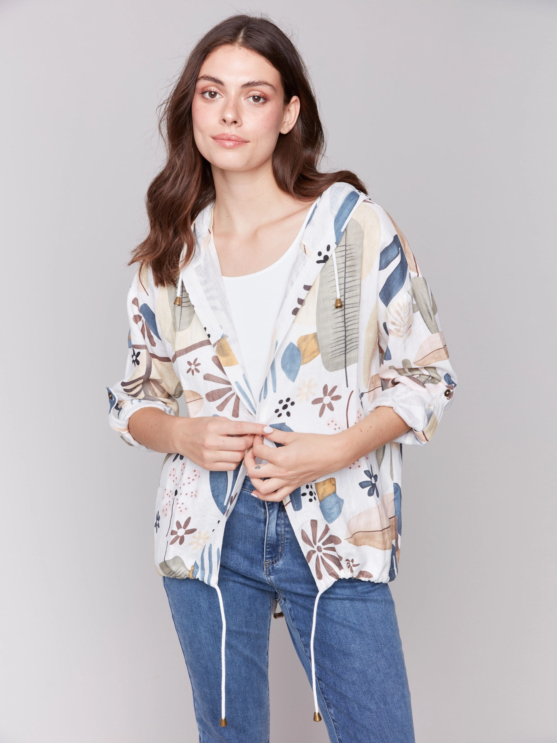 Printed Linen Blend Duster Jacket - Cactus Modular Design Soft Texture