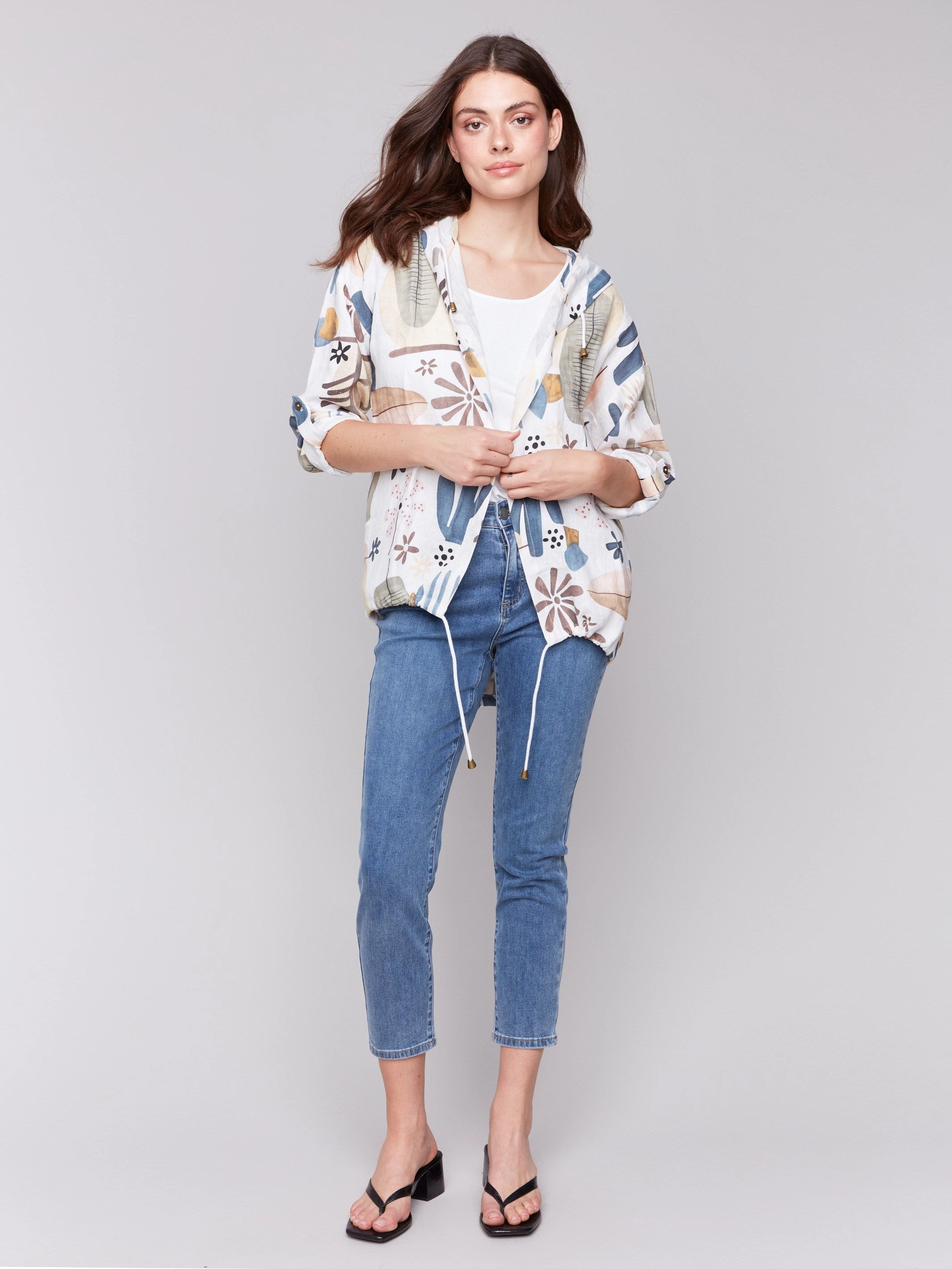 Printed Linen Blend Duster Jacket - Cactus Double Layered Collar Button Closure