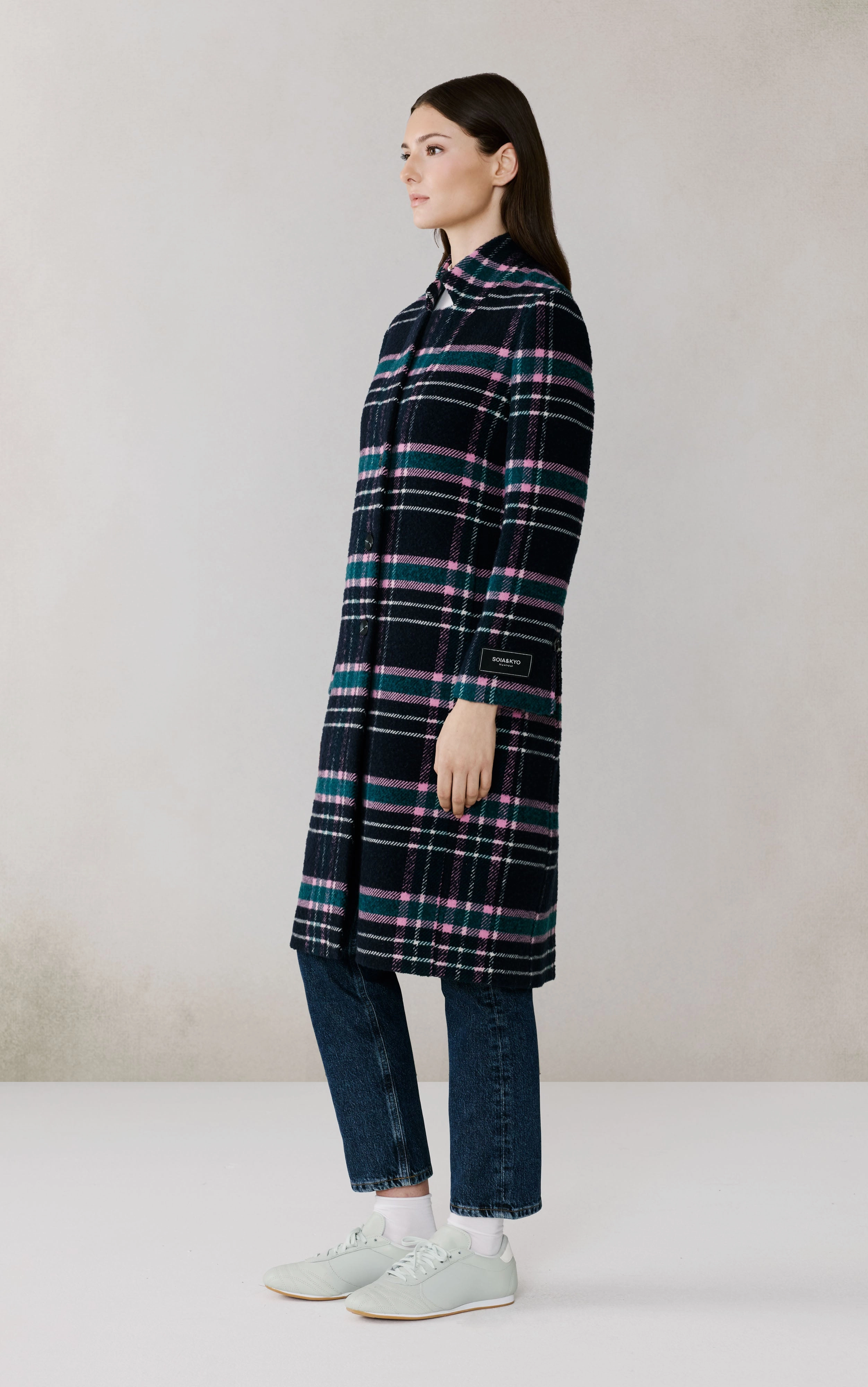 StretchableFabric CompressionFreeCuffs DIANE-C PLAID NOTCHED LAPEL WOOL COAT