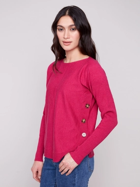 Boat Neck Sweater With Side Buttons - Heather Hibiscus Low neck Flat