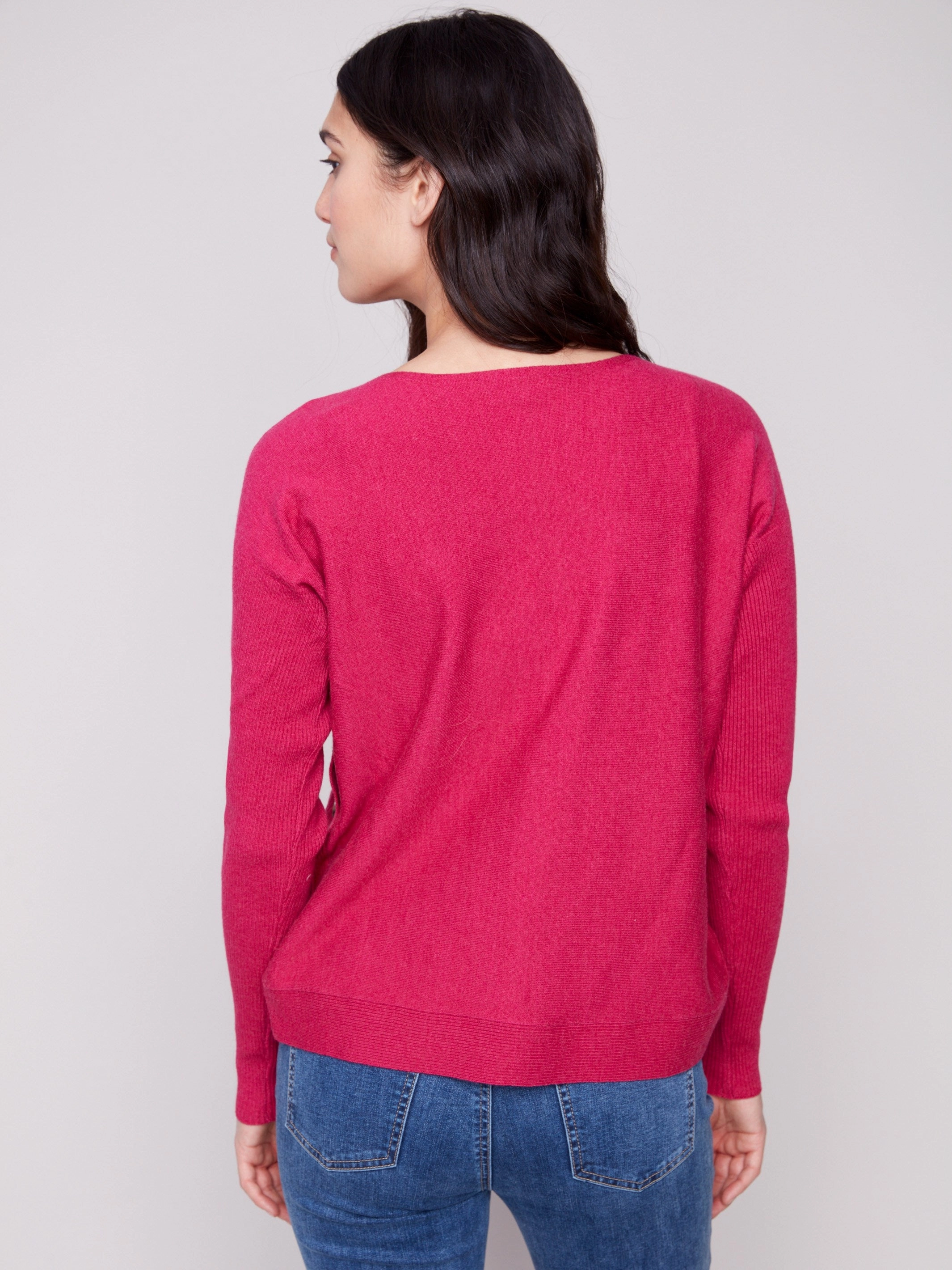 Boat Neck Sweater With Side Buttons - Heather Hibiscus Style - conscious