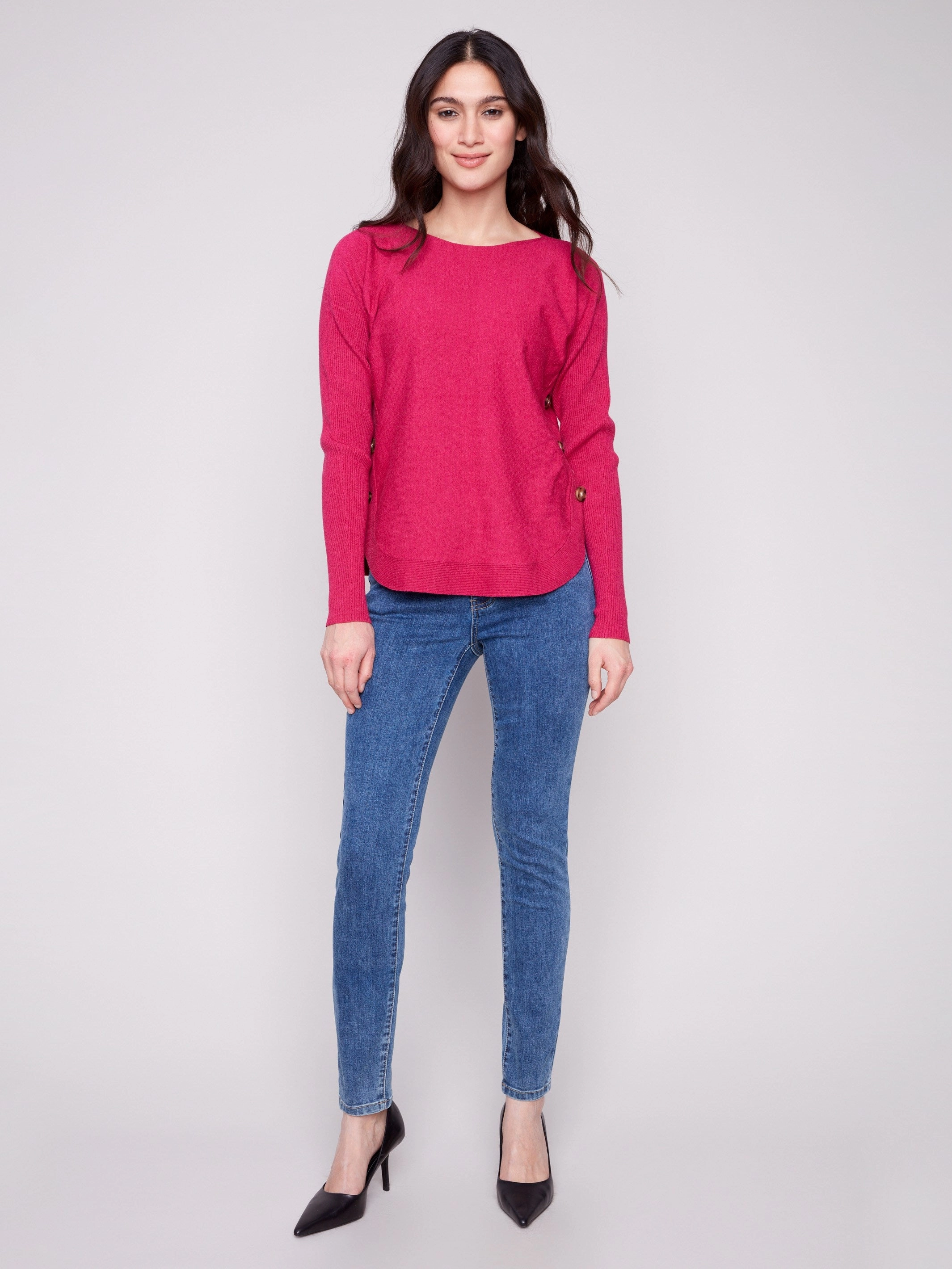 Boat Neck Sweater With Side Buttons - Heather Hibiscus skincare Actress