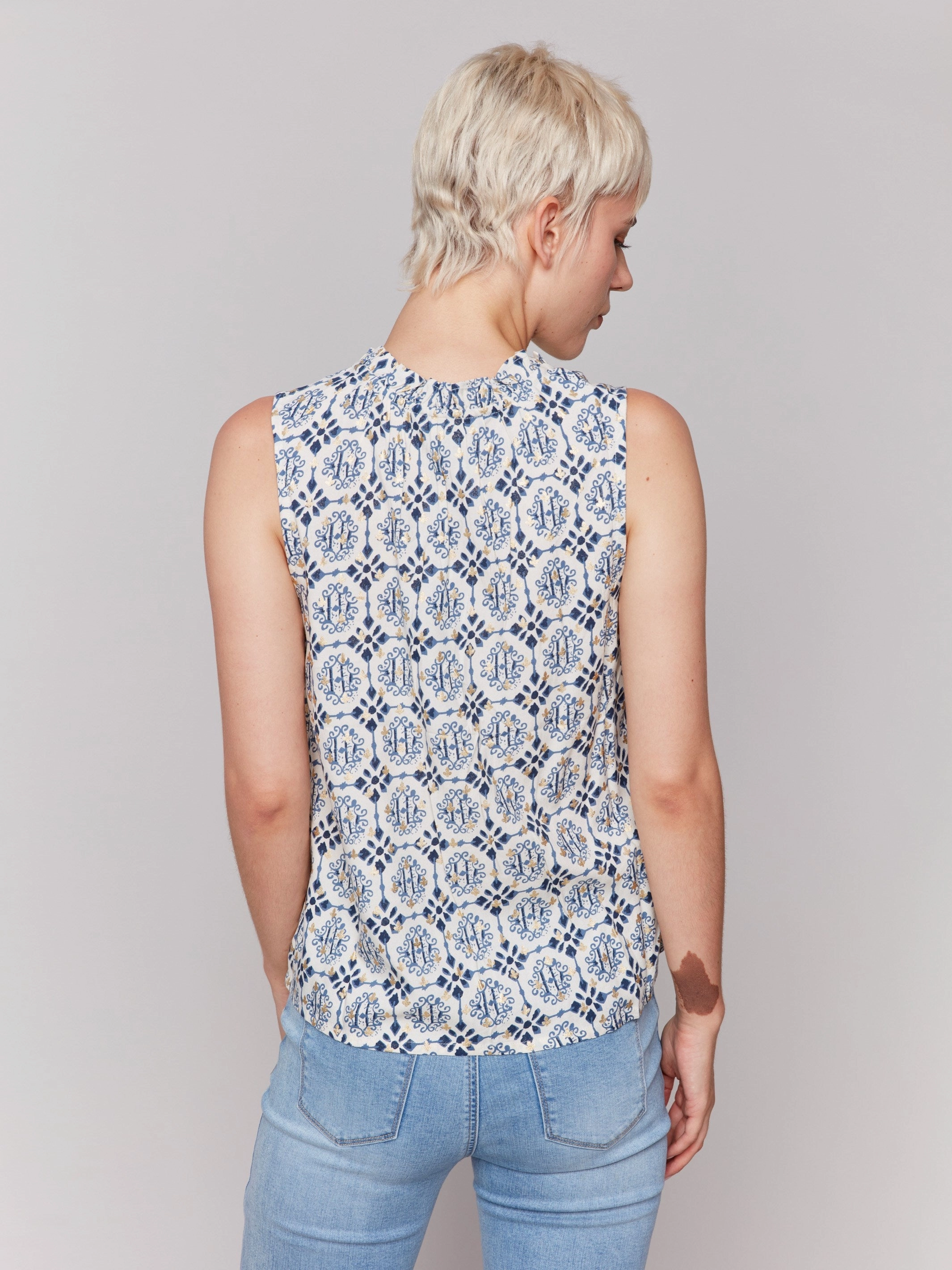Modern Fit Ventilated Back Printed Sleeveless Ruffle Neck Top - Ornament