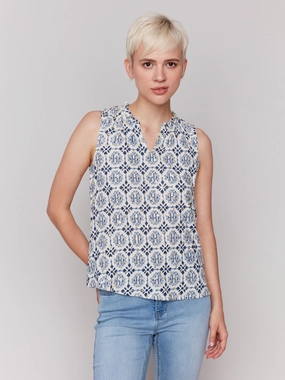 High-Quality Craftsmanship Anti Static Fabric Printed Sleeveless Ruffle Neck Top - Ornament