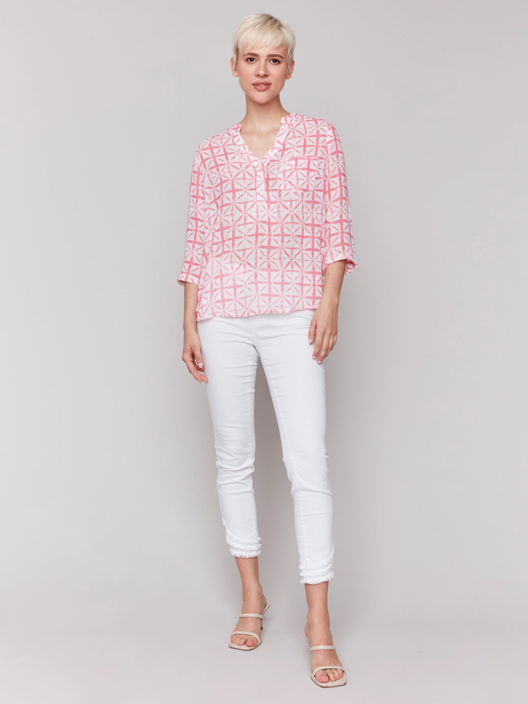 Winter Collection Printed Cotton Gauze Half-Button Blouse - Begonia