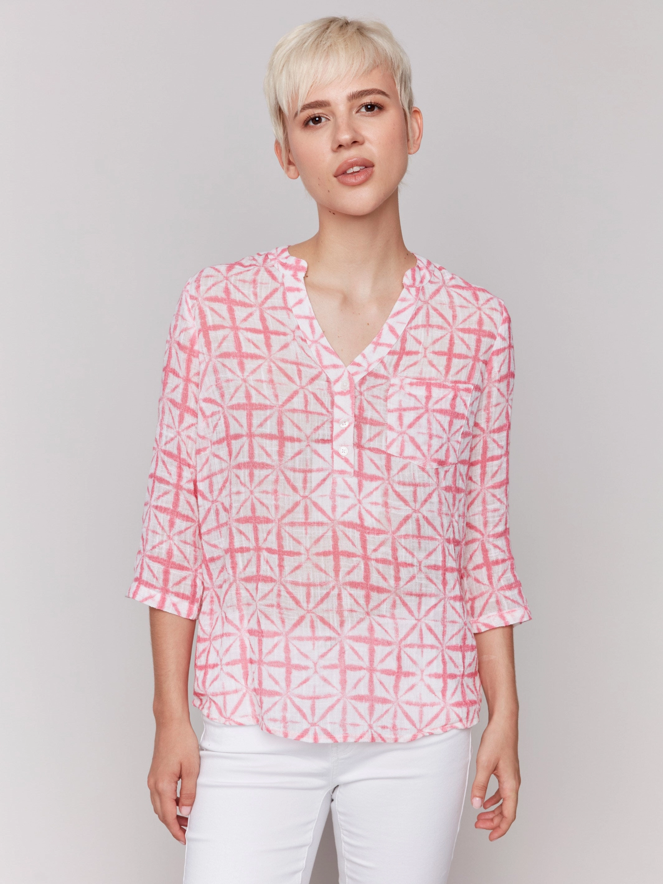Anti Pilling Surface High-End Finish Printed Cotton Gauze Half-Button Blouse - Begonia