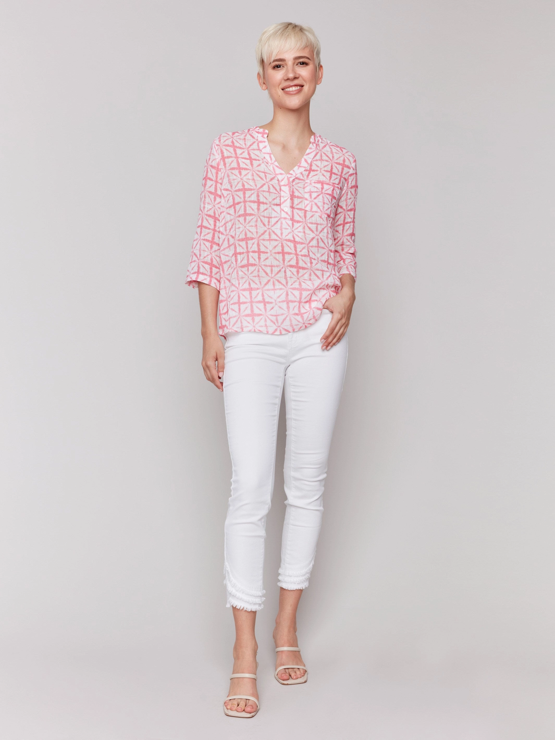 Printed Cotton Gauze Half-Button Blouse - Begonia Metallic Finish Stylish Element