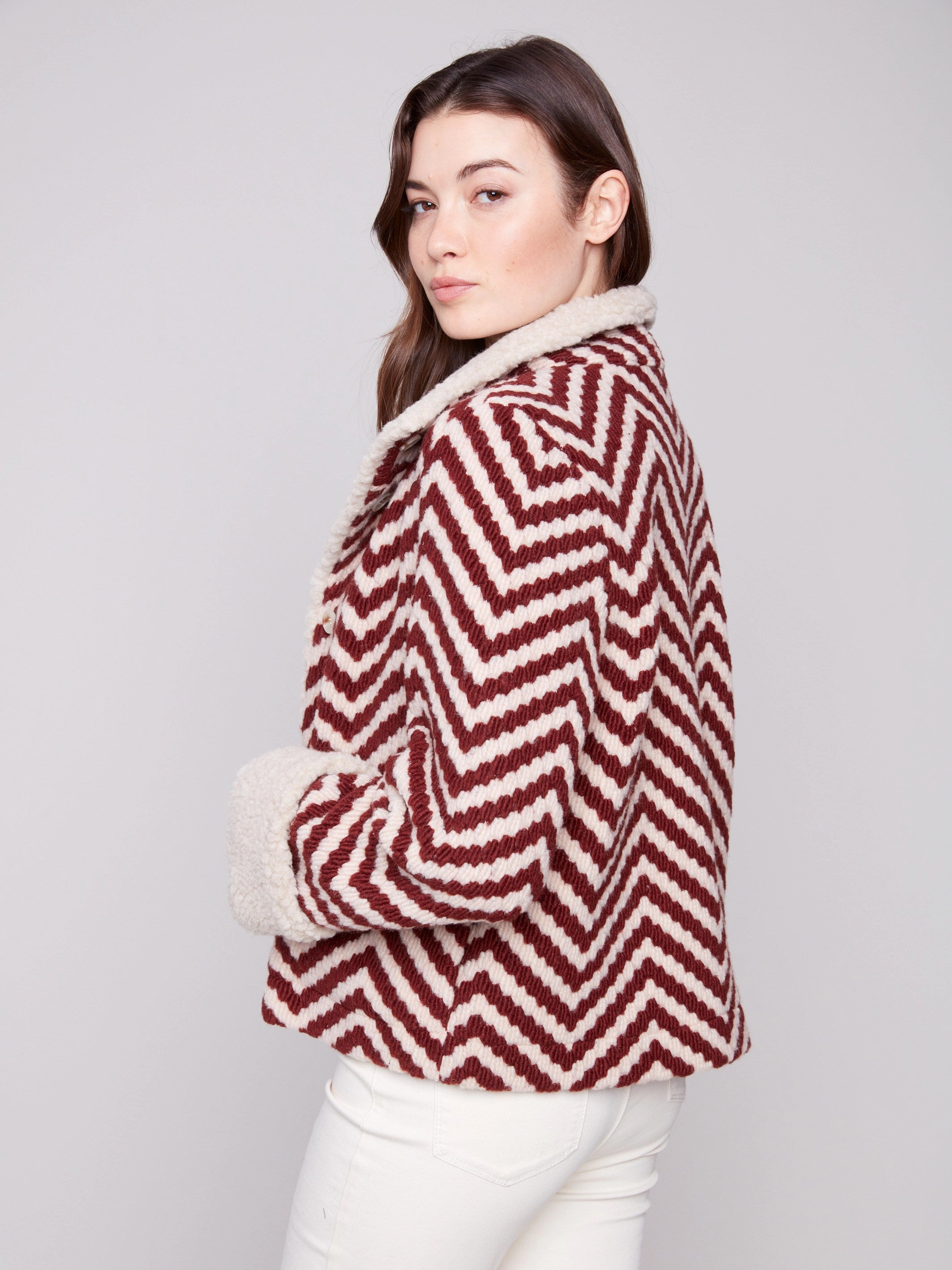 Shock Absorbent Padding Chevron Boucl?? Short Jacket With Sherpa Trim - Cabernet