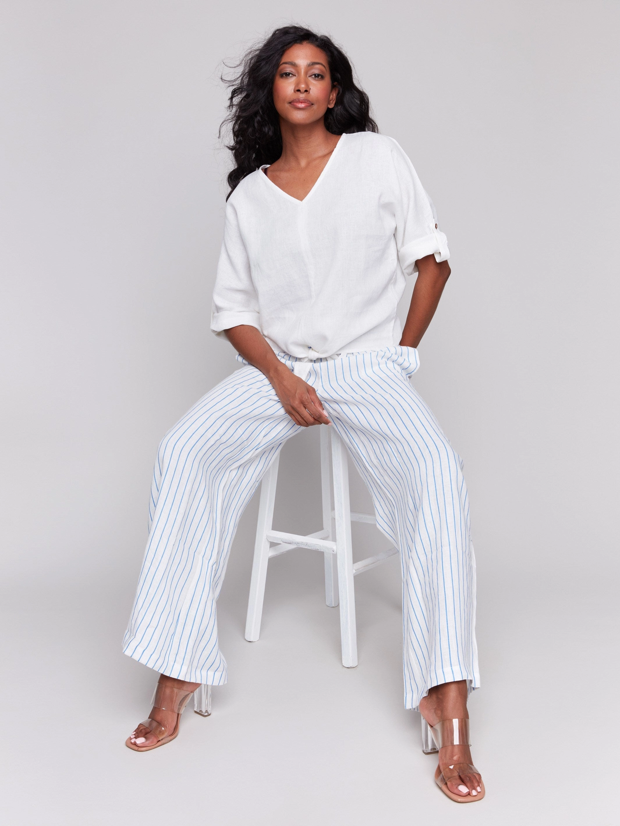 Geometric Design Linen Blend 3/4 Sleeve Top with Front Tie - White