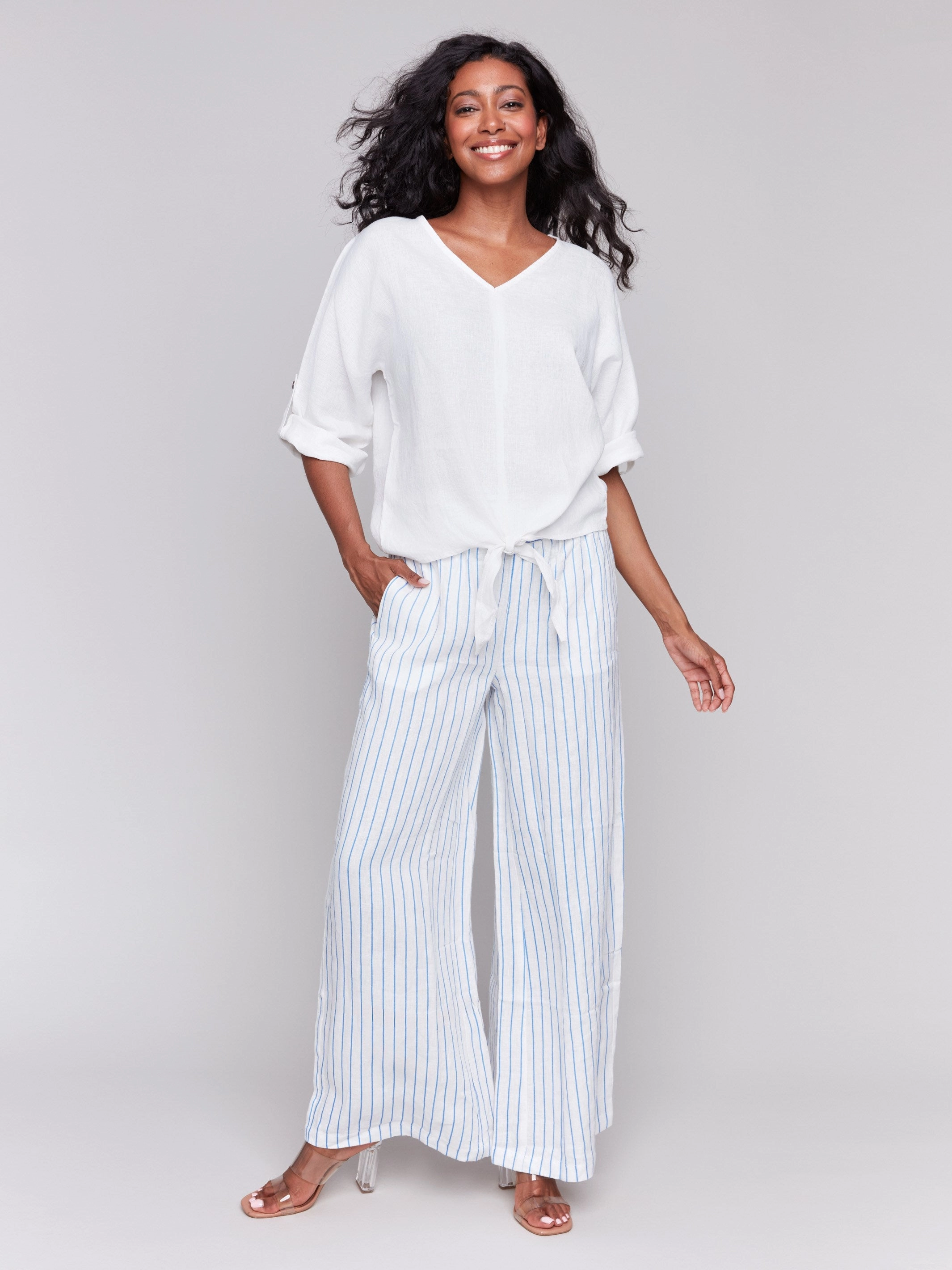 Versatile Look Winter Fashion Linen Blend 3/4 Sleeve Top with Front Tie - White