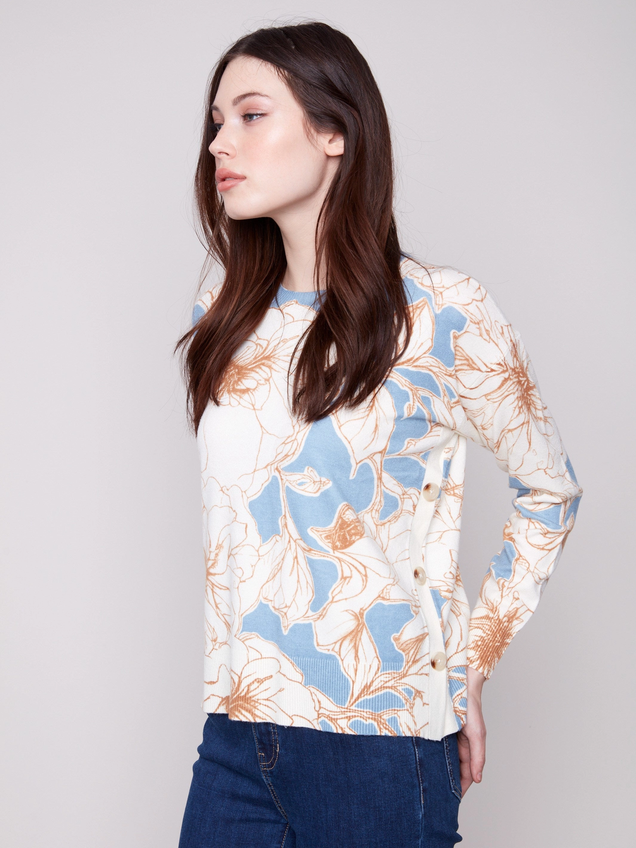 Beautify Printed Sweater With Side Buttons - Mist