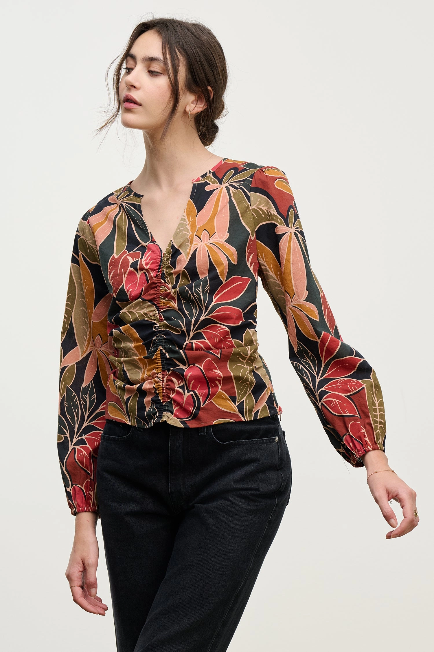 SYDNEY RUCHED FLORAL V-NECK BLOUSE WrinkleResistant Finish