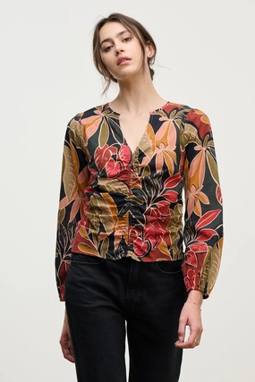 SYDNEY RUCHED FLORAL V-NECK BLOUSE Activewear Clothing QuickPackable Design