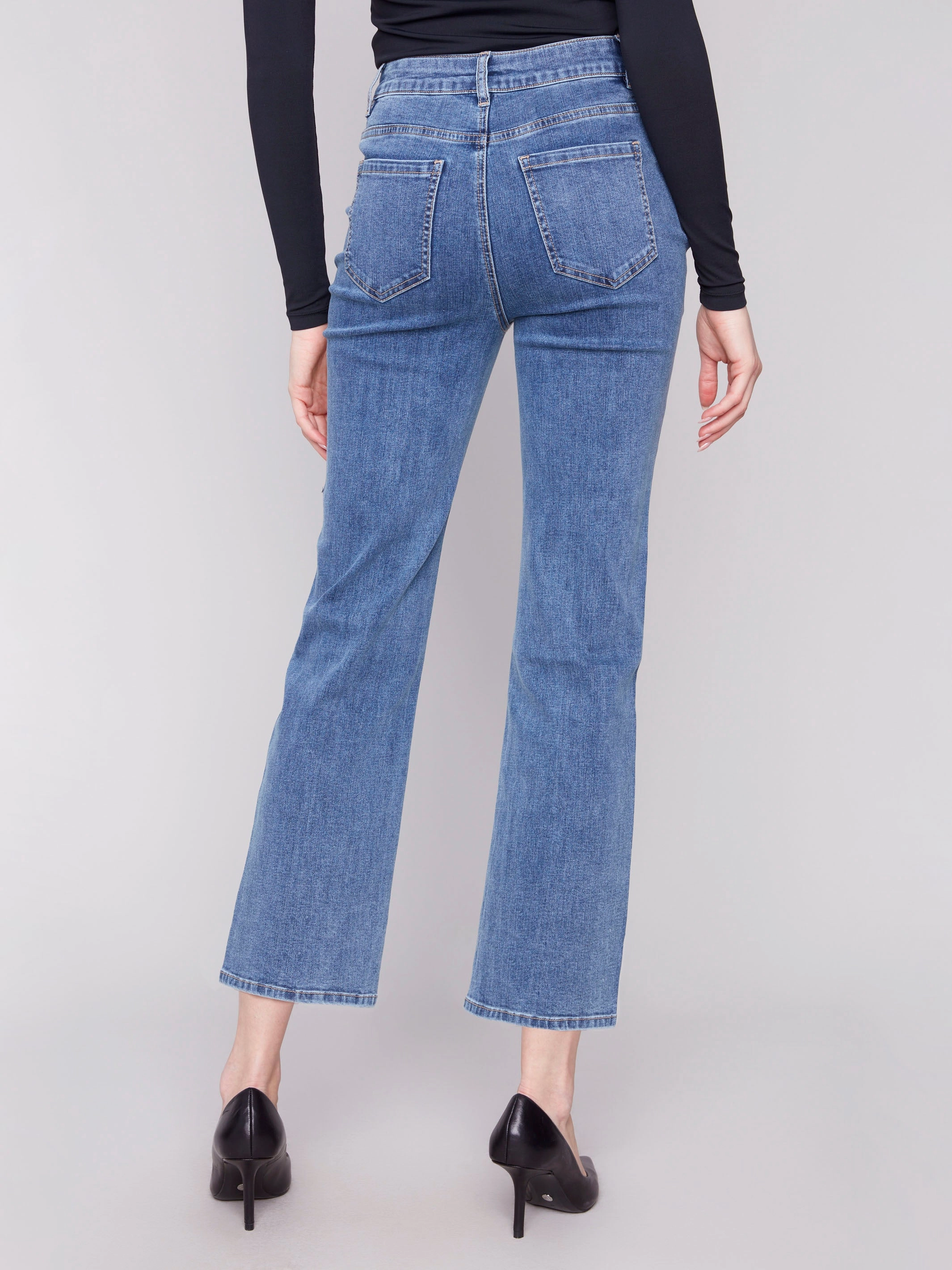 Straight Leg Jeans With Side Studs - Medium Blue Laidback Style