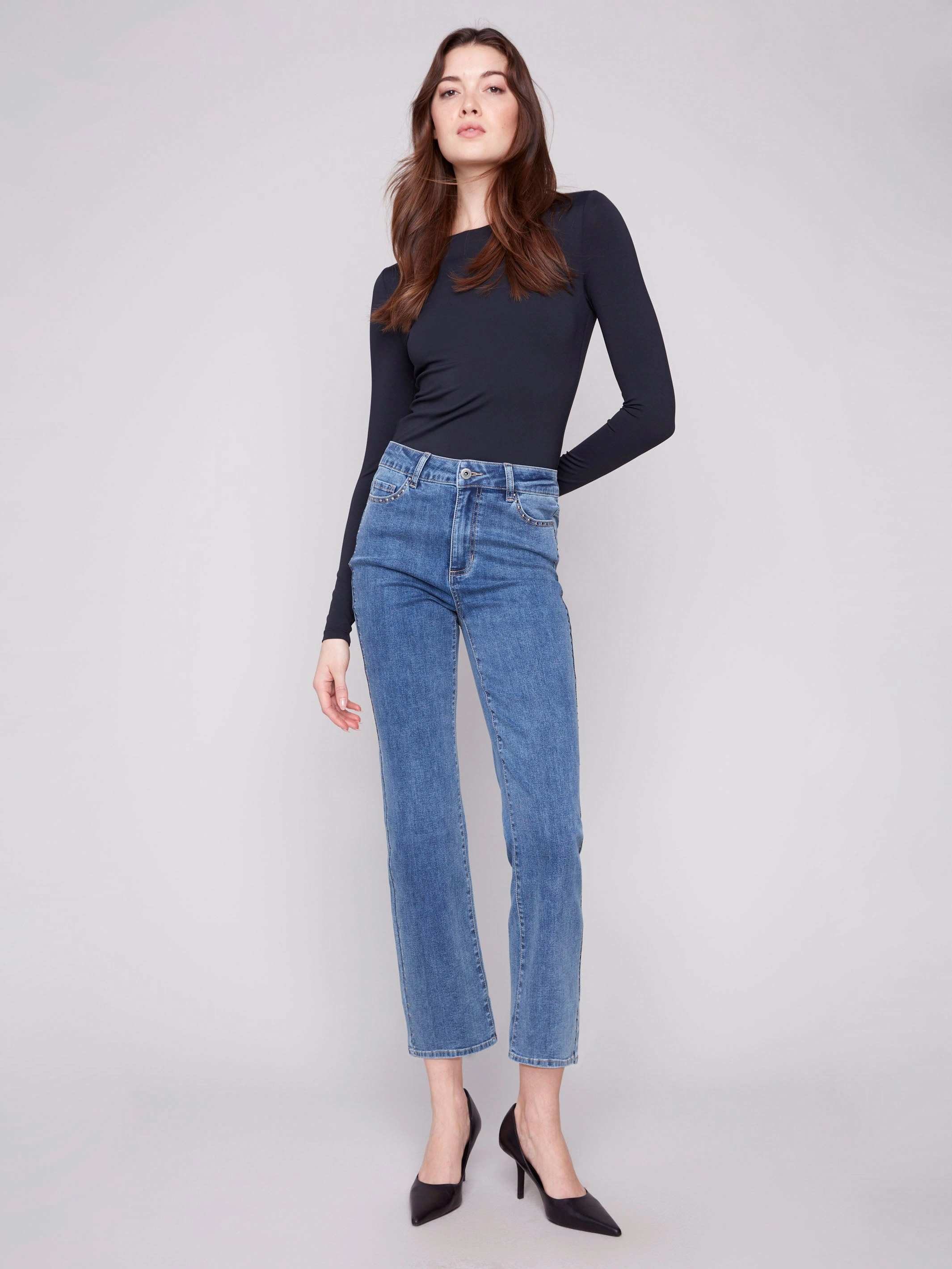 Straight Leg Jeans With Side Studs - Medium Blue Weekend Style