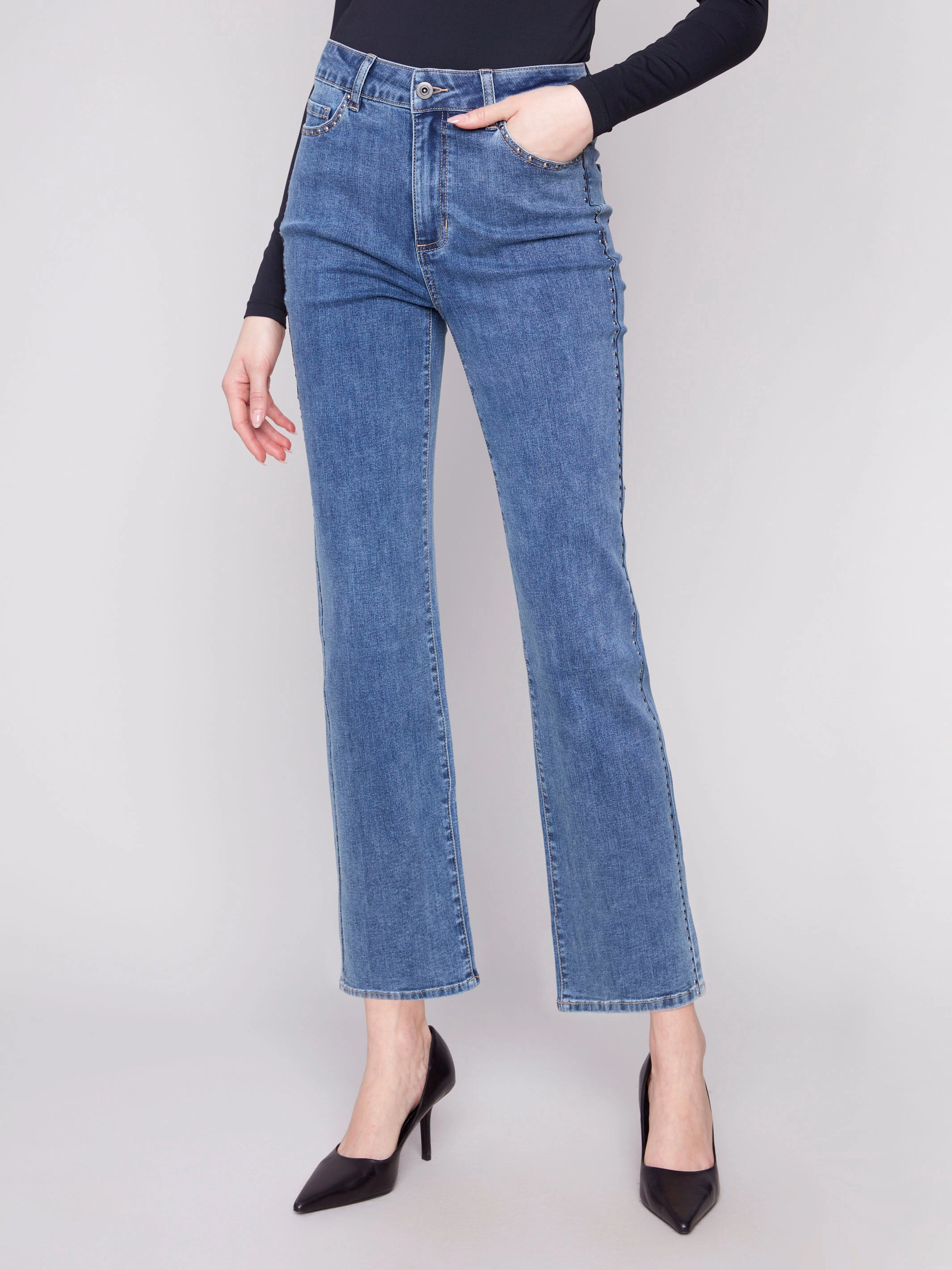 Straight Leg Jeans With Side Studs - Medium Blue Layered Basics Party Look Sunny Vibes Couple Look