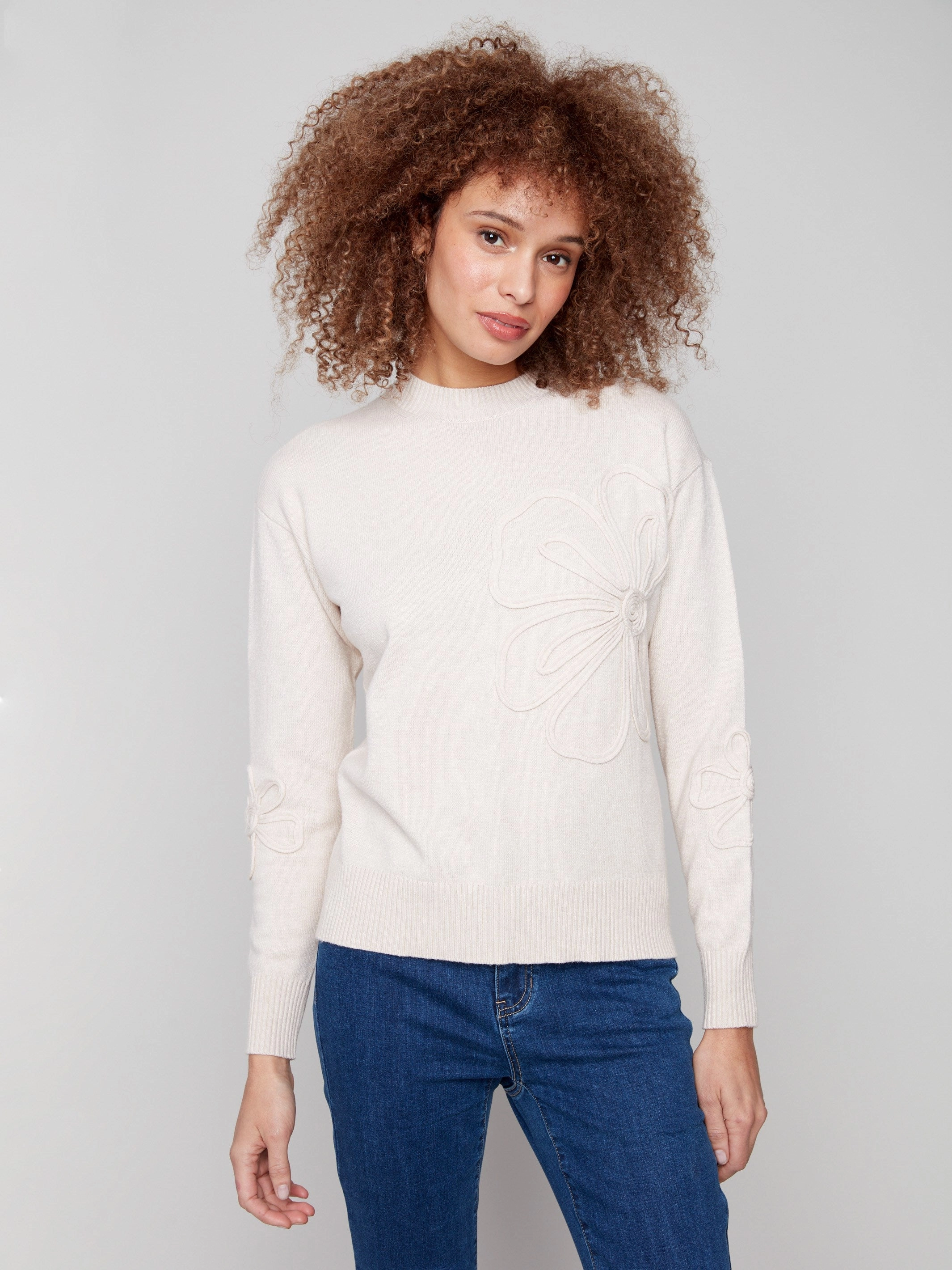 Crew Neck Floral Soutache Sweater - Heather Oat Valley area