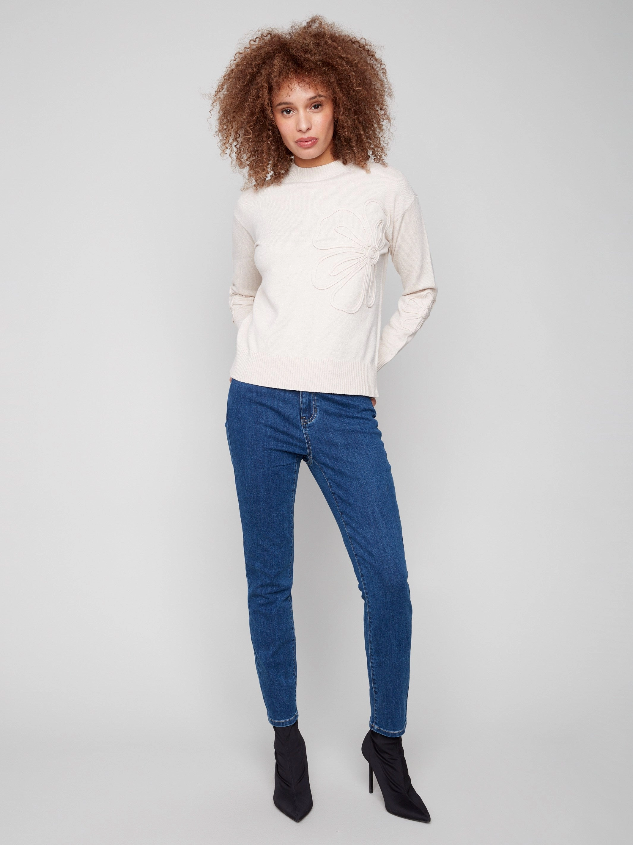 Dress Up Moisture Wicking Technology Crew Neck Floral Soutache Sweater - Heather Oat