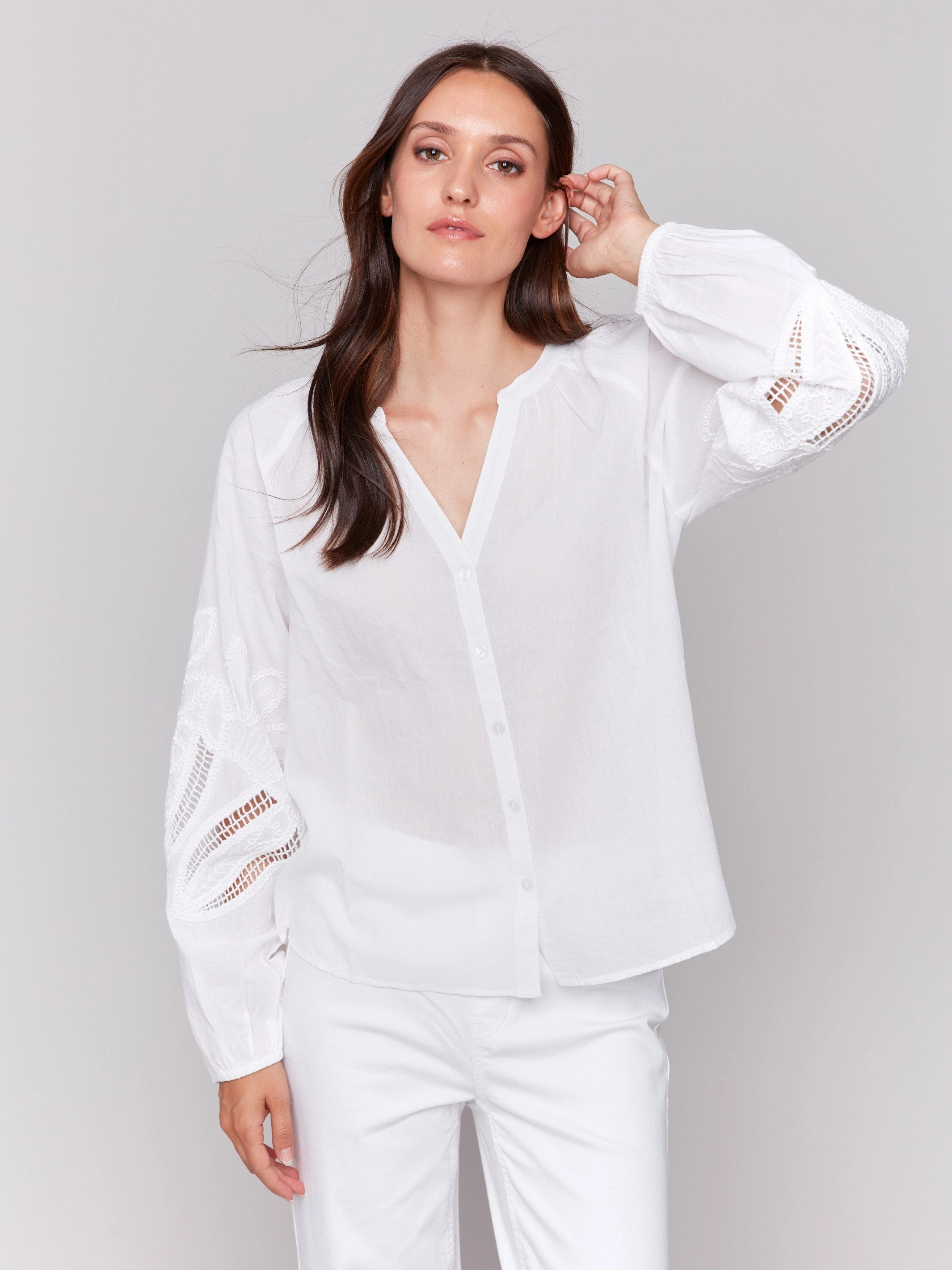 Trendsetter Choice Mix-And-Match Cotton Button-Front Blouse with Embroidery - White