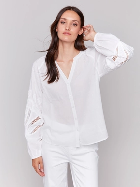 Trendsetter Choice Mix-And-Match Cotton Button-Front Blouse with Embroidery - White