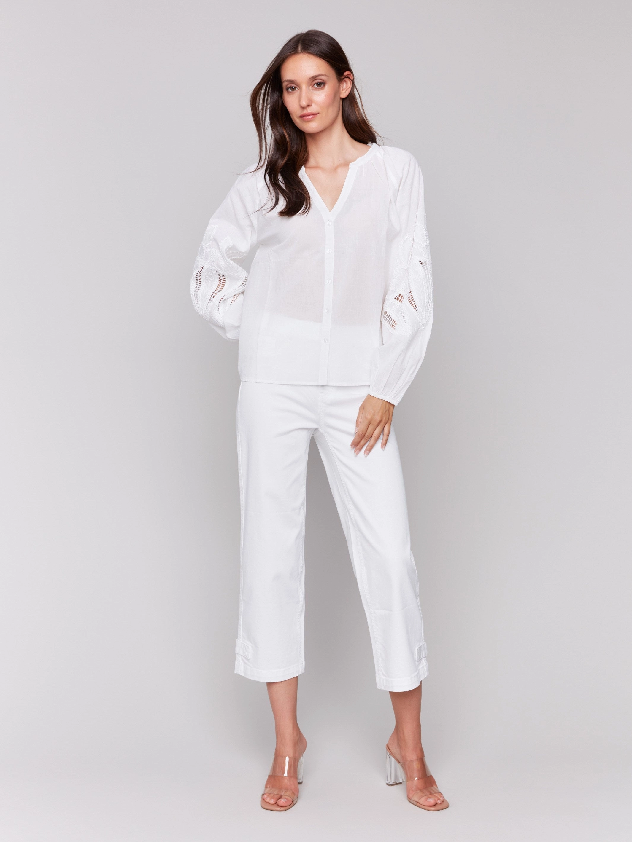 Warm Layers Cotton Button-Front Blouse with Embroidery - White