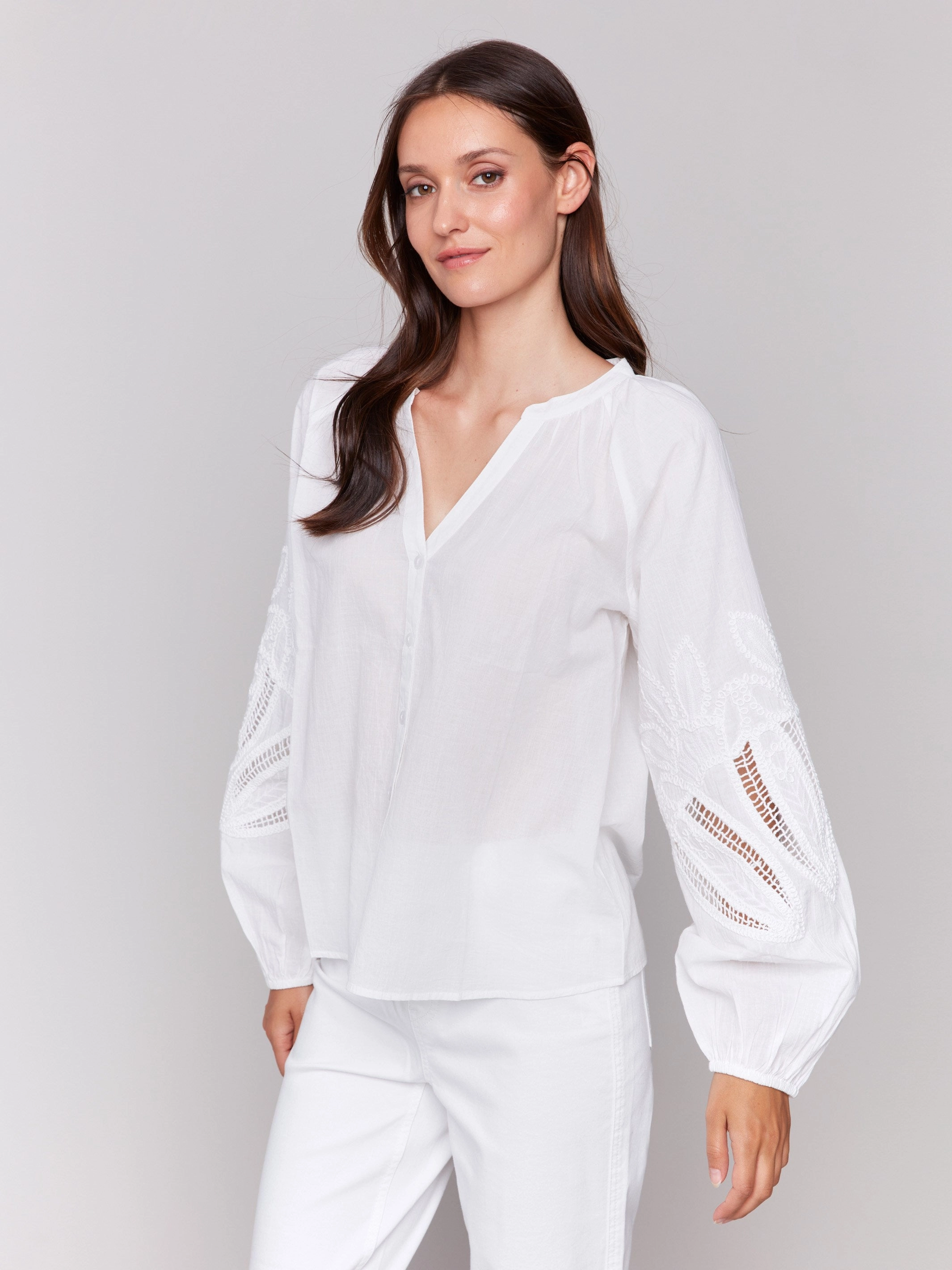 Cotton Button-Front Blouse with Embroidery - White Structured Shoulder Support