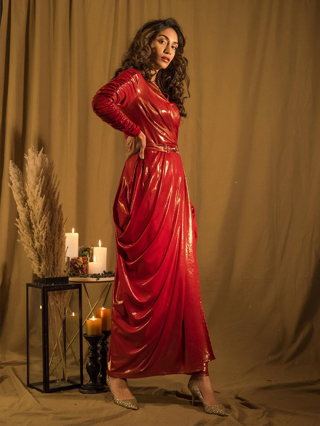 Marquee Red Drape Gown with Belt Elegant Layers Cozy Mood