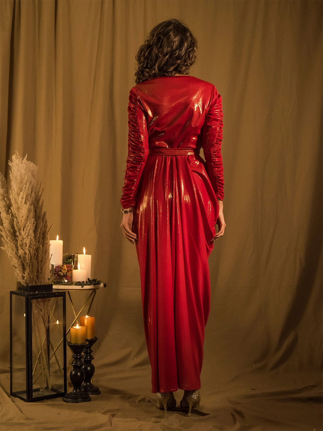 Marquee Red Drape Gown with Belt Trendy Waistband
