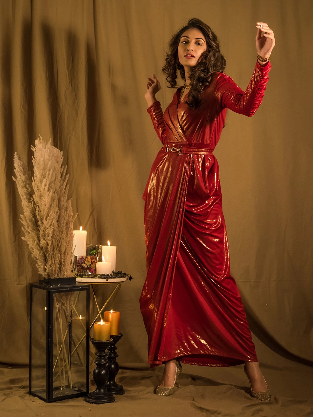 Move Free Marquee Red Drape Gown with Belt