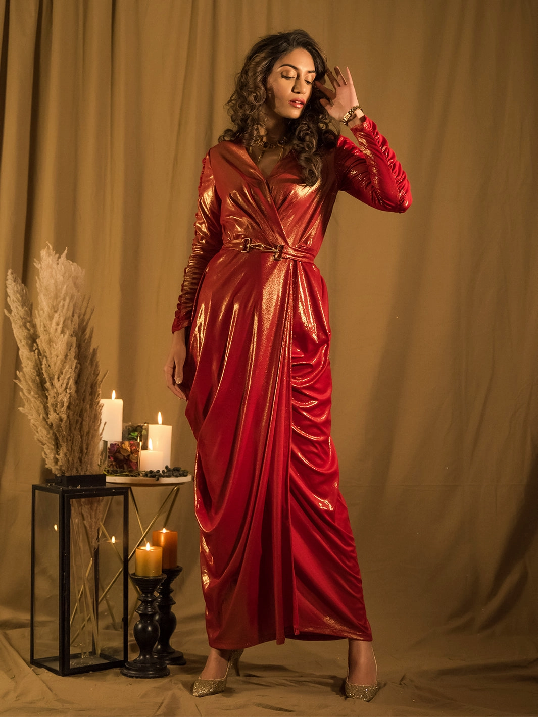 Marquee Red Drape Gown with Belt Farm Air
