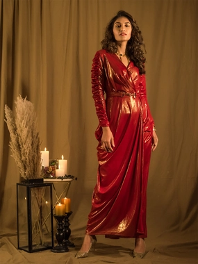 Marquee Red Drape Gown with Belt Satin Fabric Coastal Soft