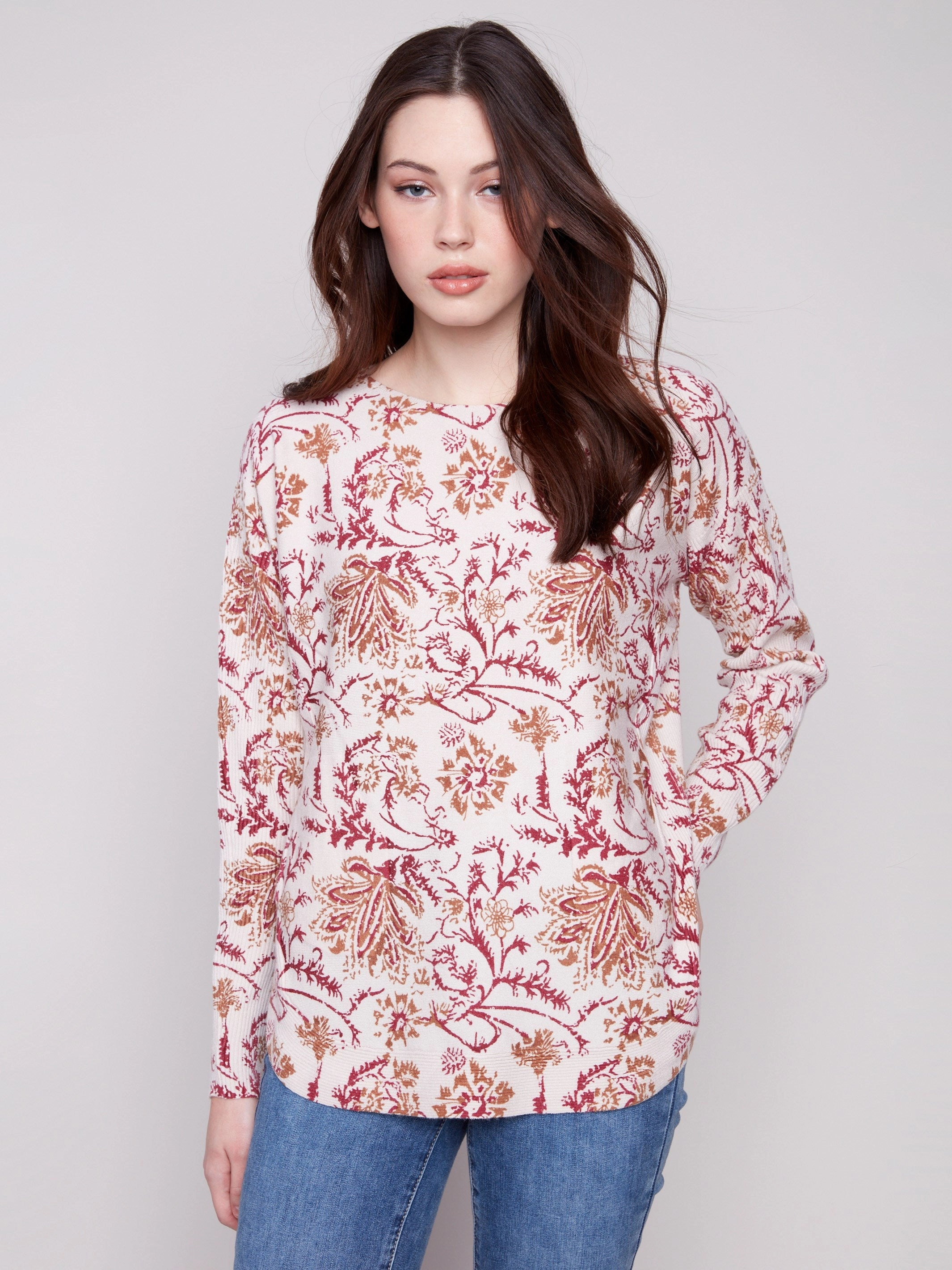 Printed Rounded Hem Sweater - Calico restaurant