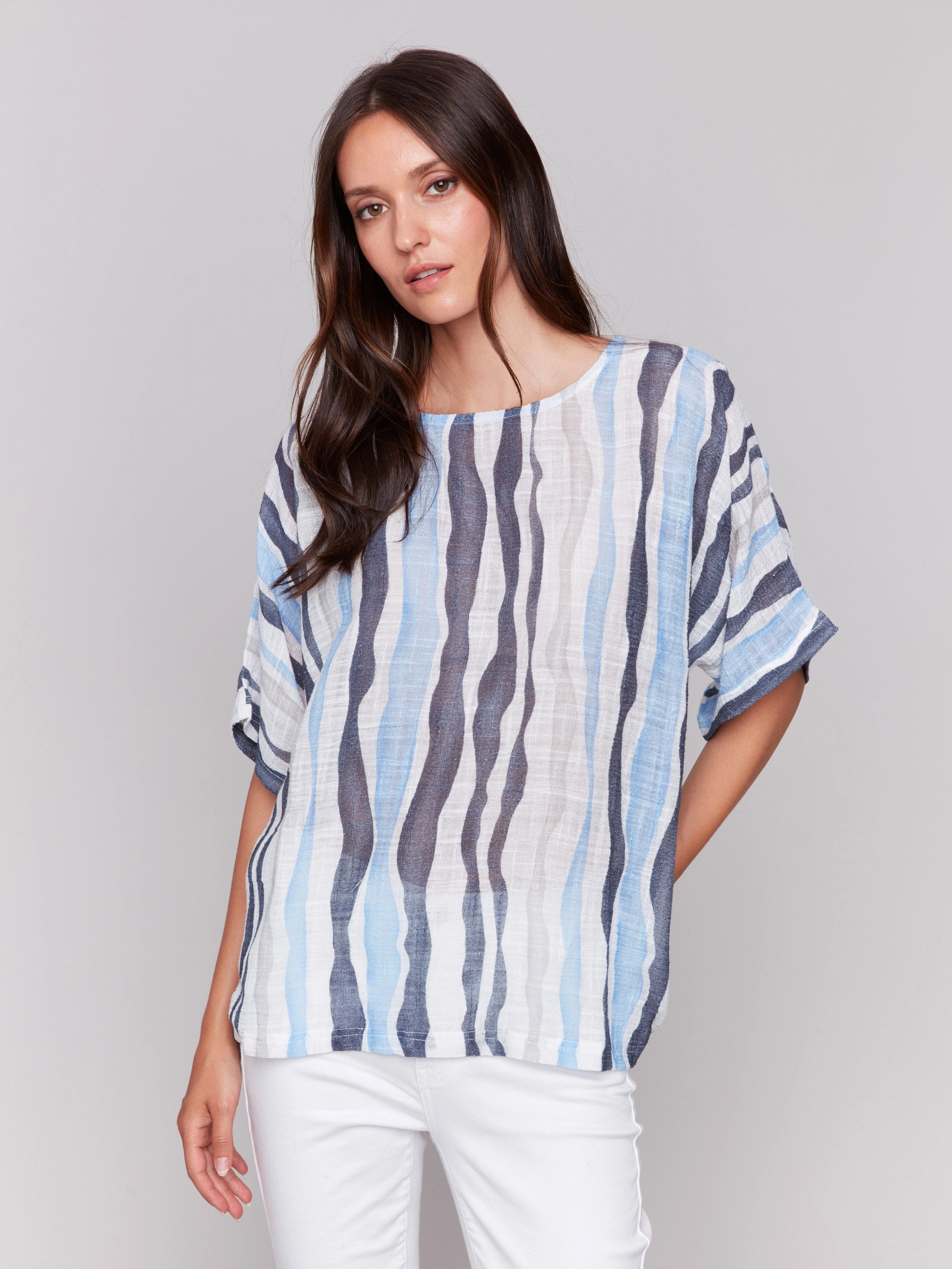 Sustainable Material Matte Look Printed Cotton Gauze Dolman Blouse - Surf