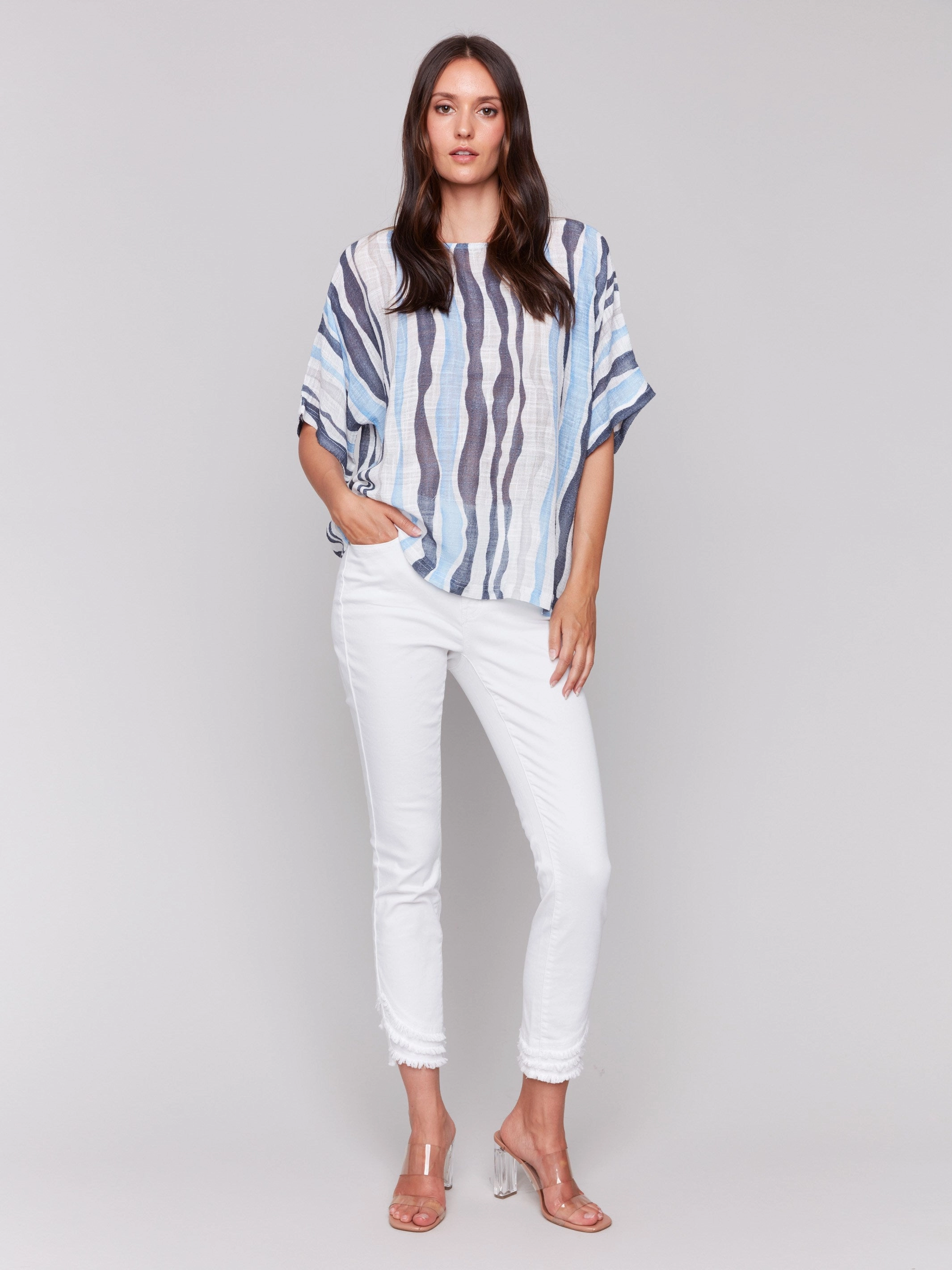 Thermoregulating Fabric Patterned Design Printed Cotton Gauze Dolman Blouse - Surf