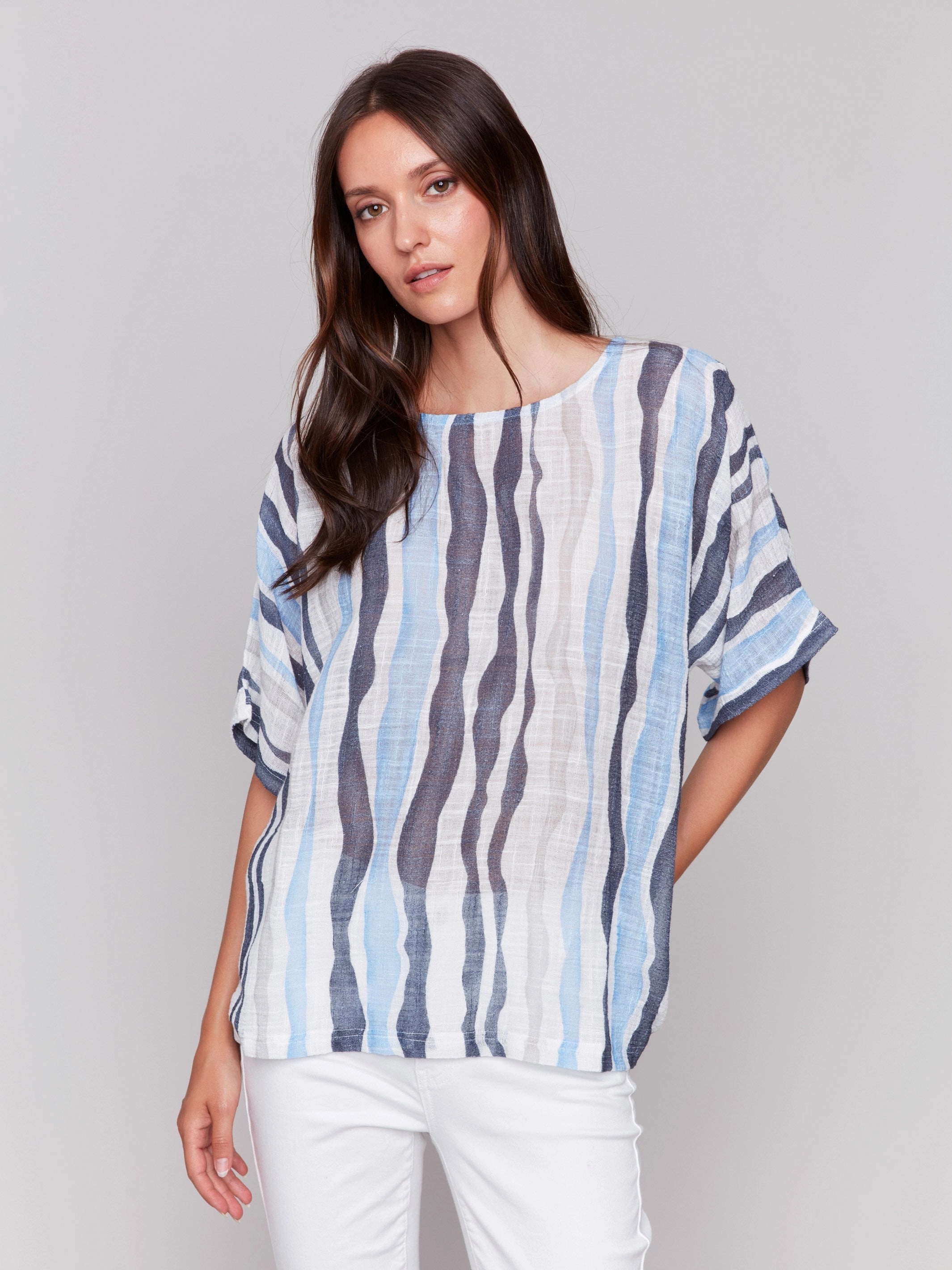 Printed Cotton Gauze Dolman Blouse - Surf Affordable Luxury crew neck