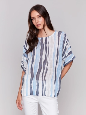 Sustainable Material Matte Look Printed Cotton Gauze Dolman Blouse - Surf