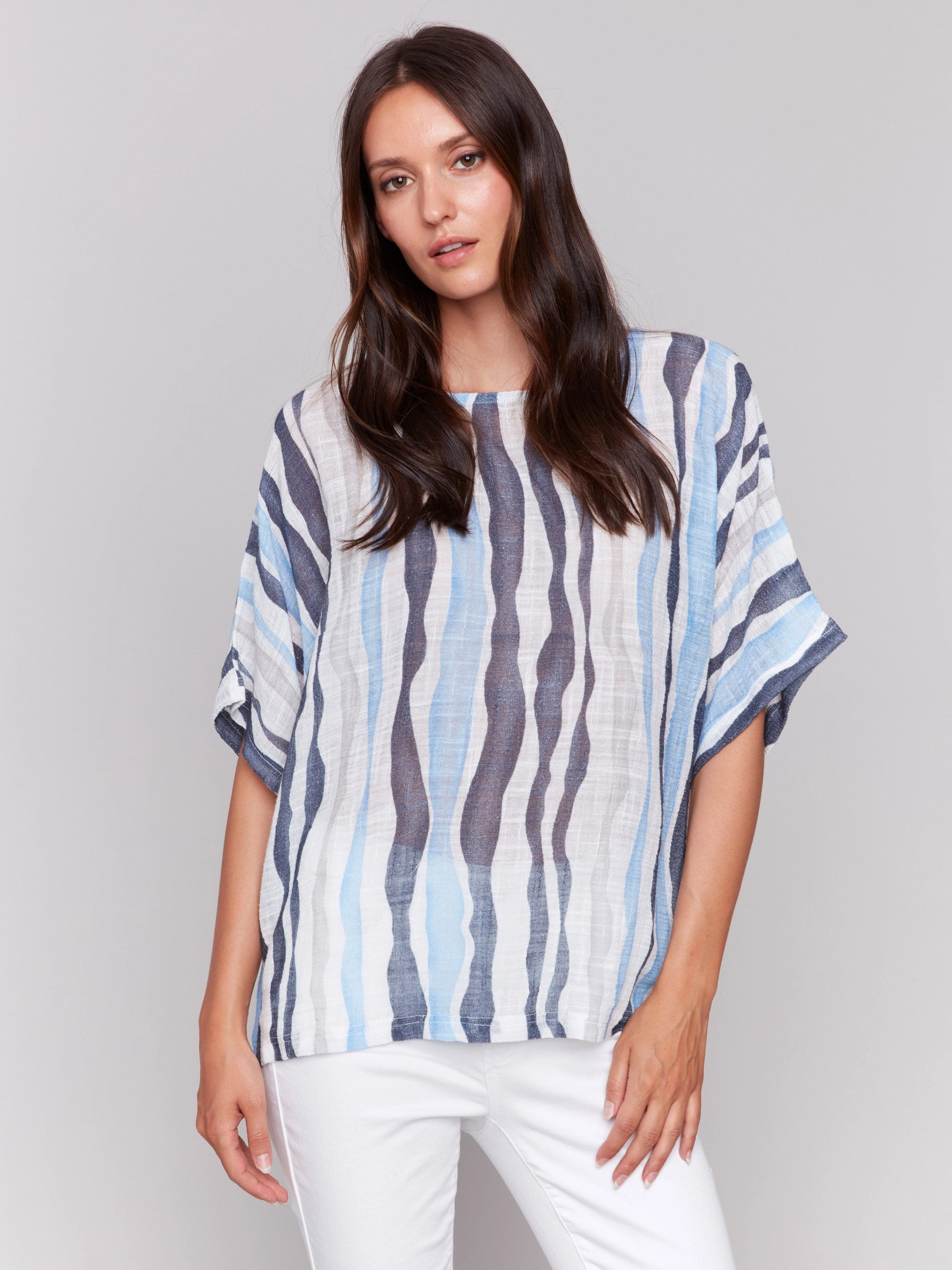 Printed Cotton Gauze Dolman Blouse - Surf Hidden Placket Smooth Cotton Blend