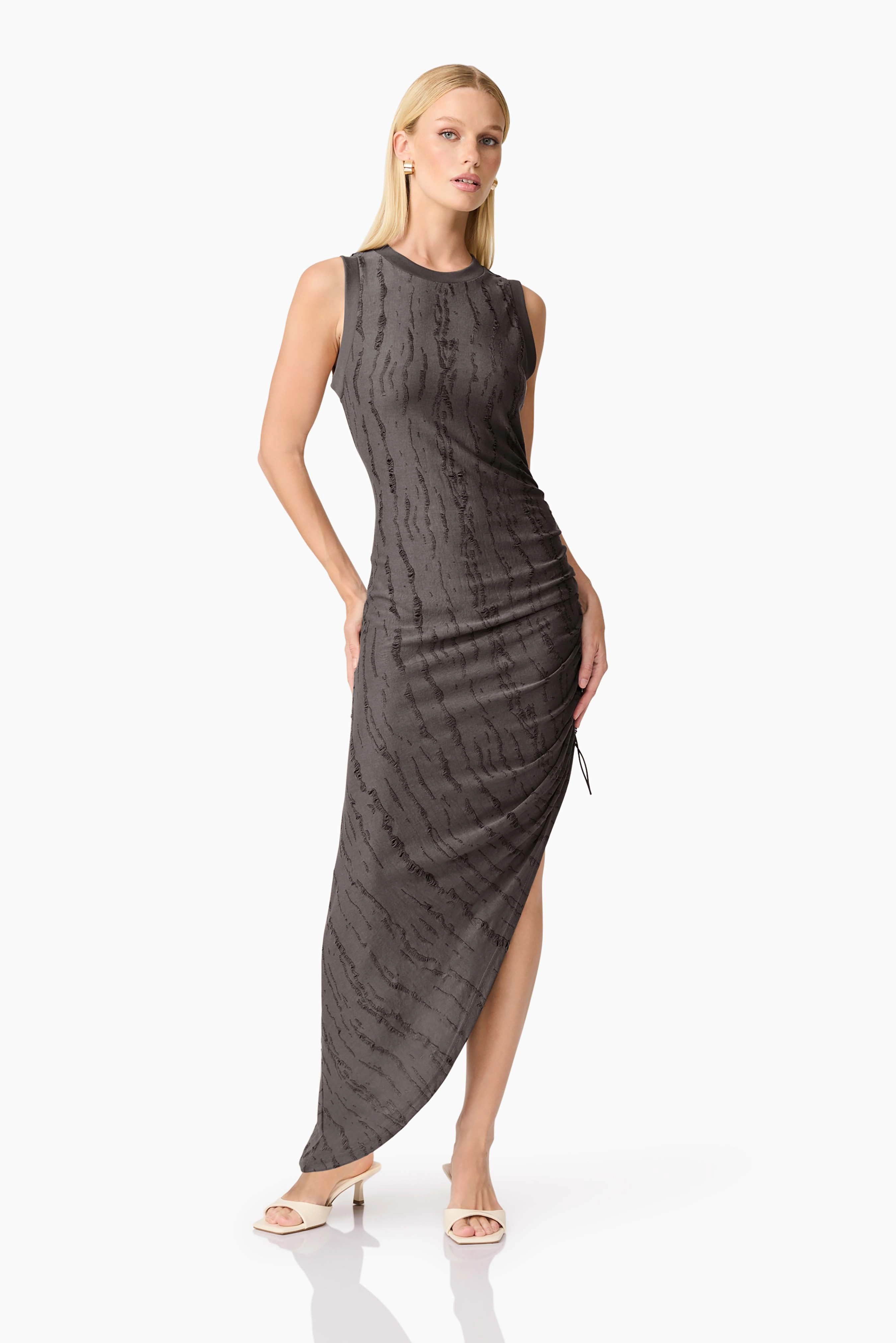 CURAAE Lavania Asymmetrical Midi Dress in Grey Skin Glow Sweet Mood