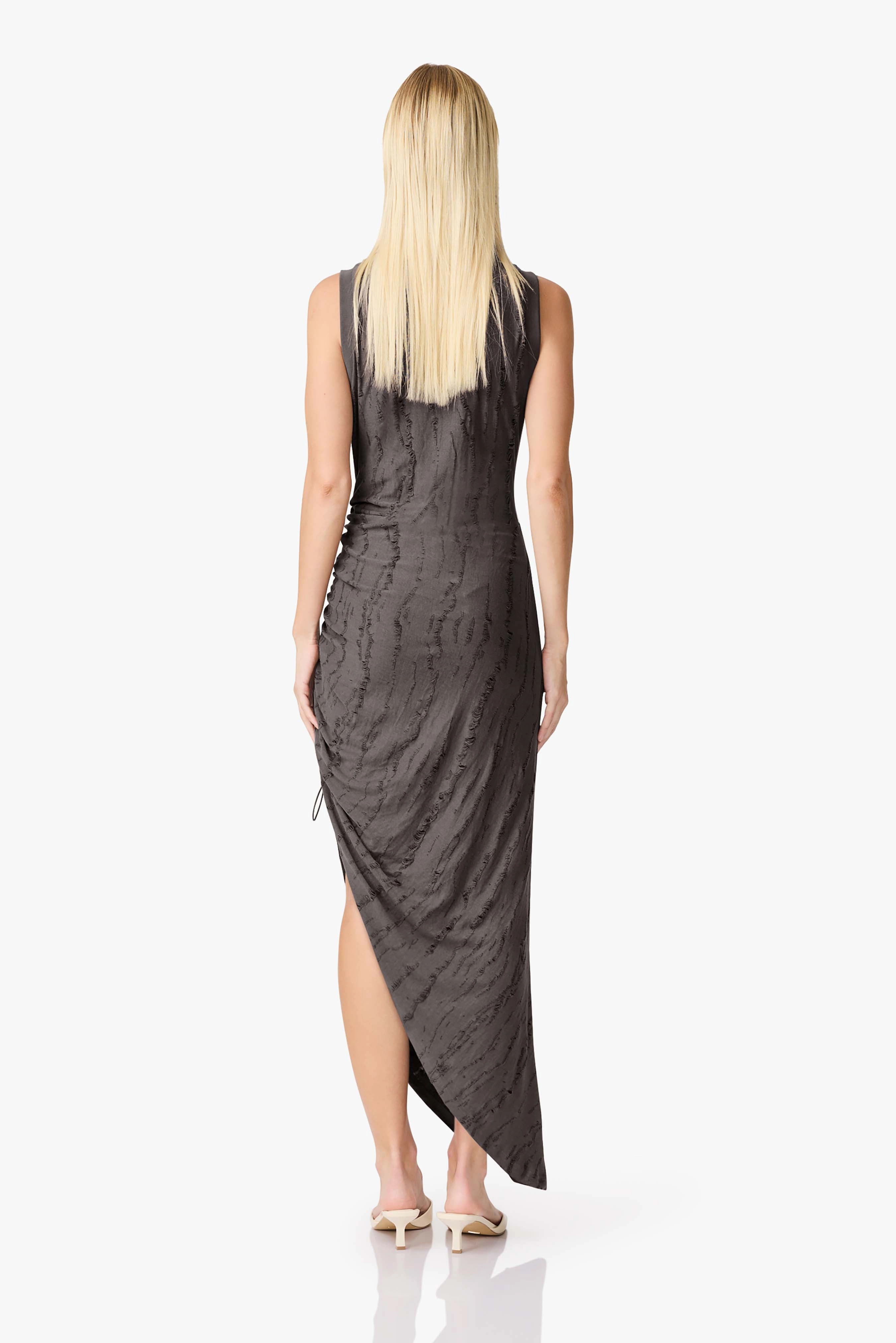 Spring Mood Flow Line CURAAE Lavania Asymmetrical Midi Dress in Grey