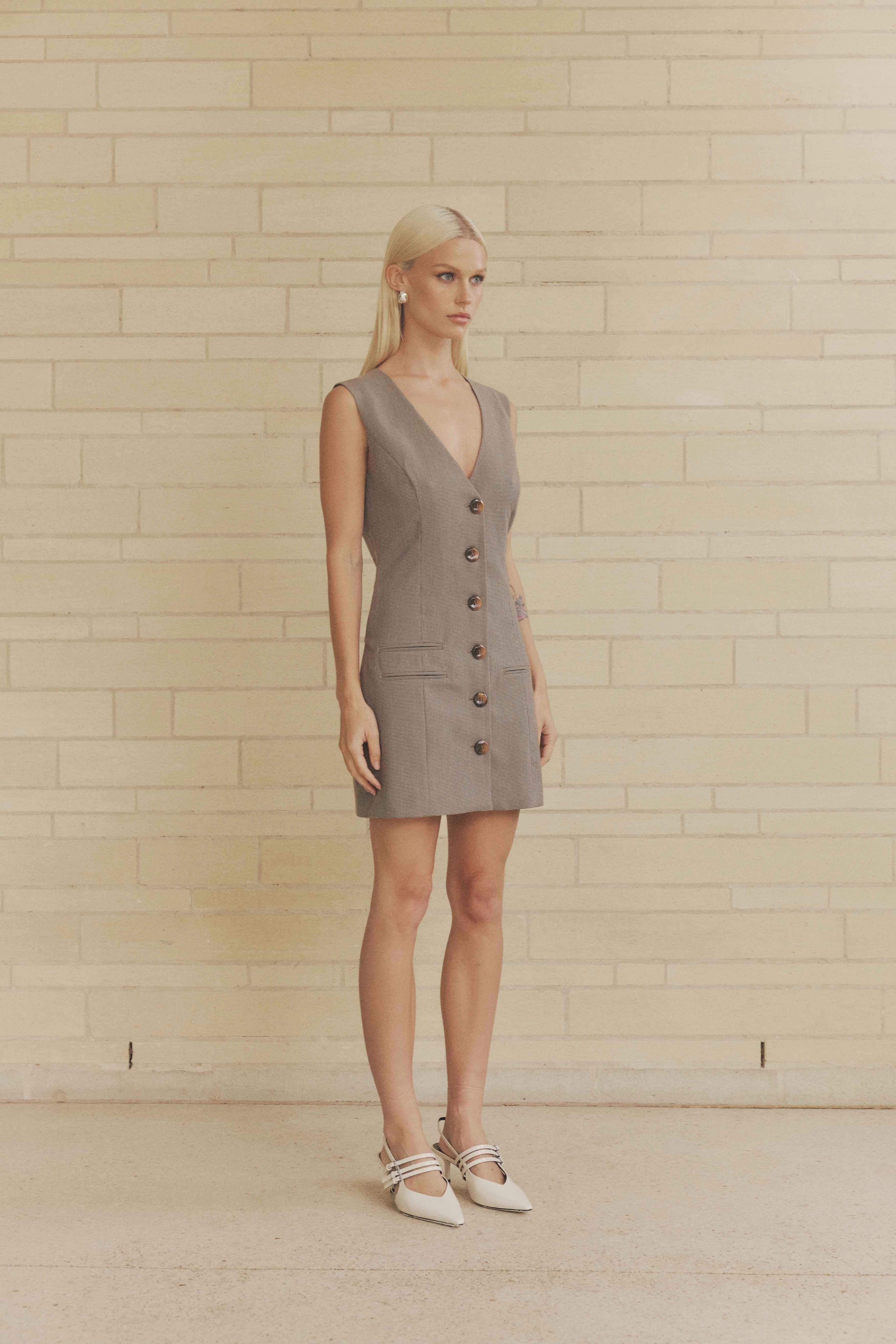 CURAAE Siena V Neck Mini Dress In Brown Sheer Panel