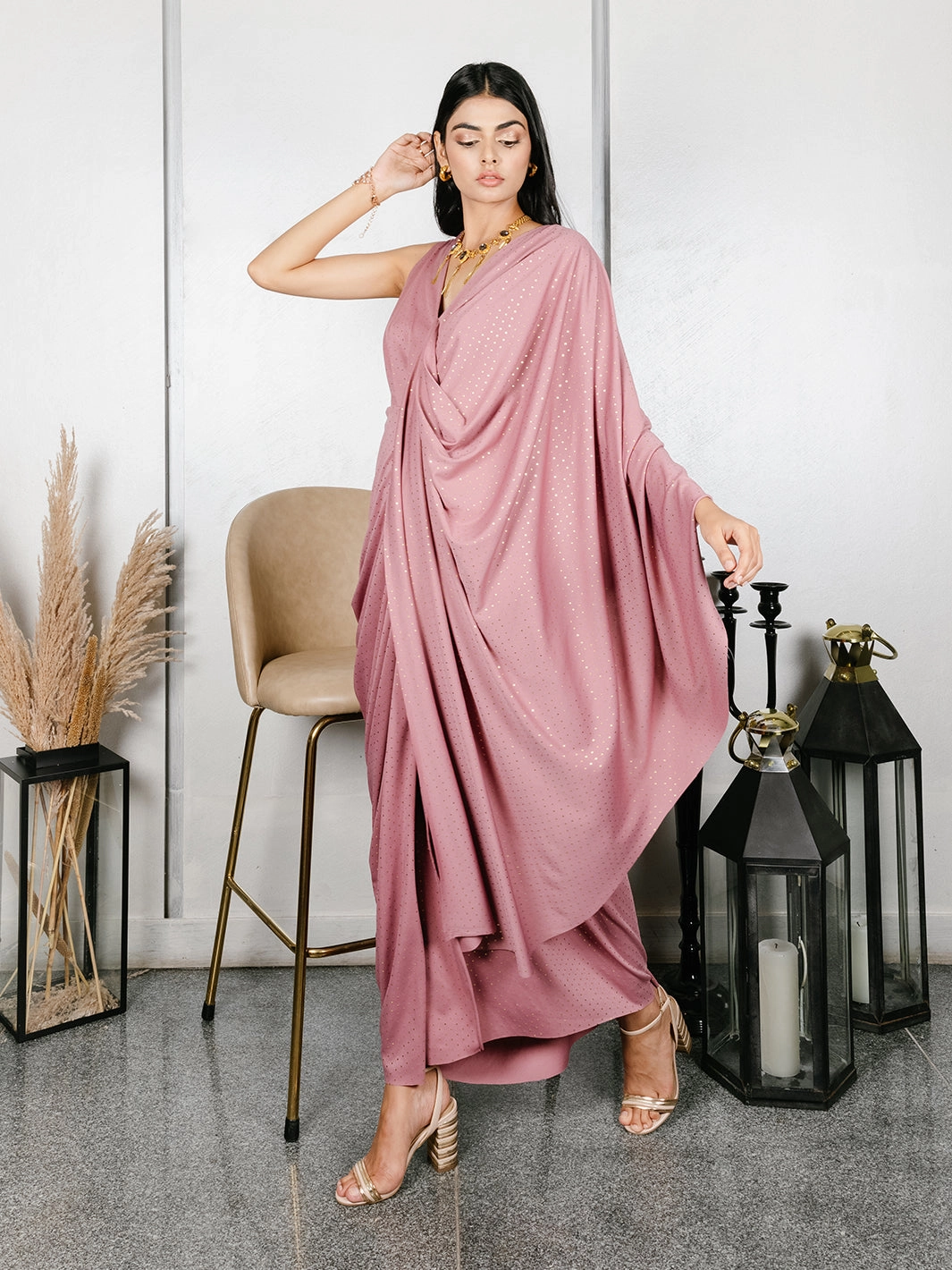 Elysee Drape Gown Velvet-Sleeve Feminine Details