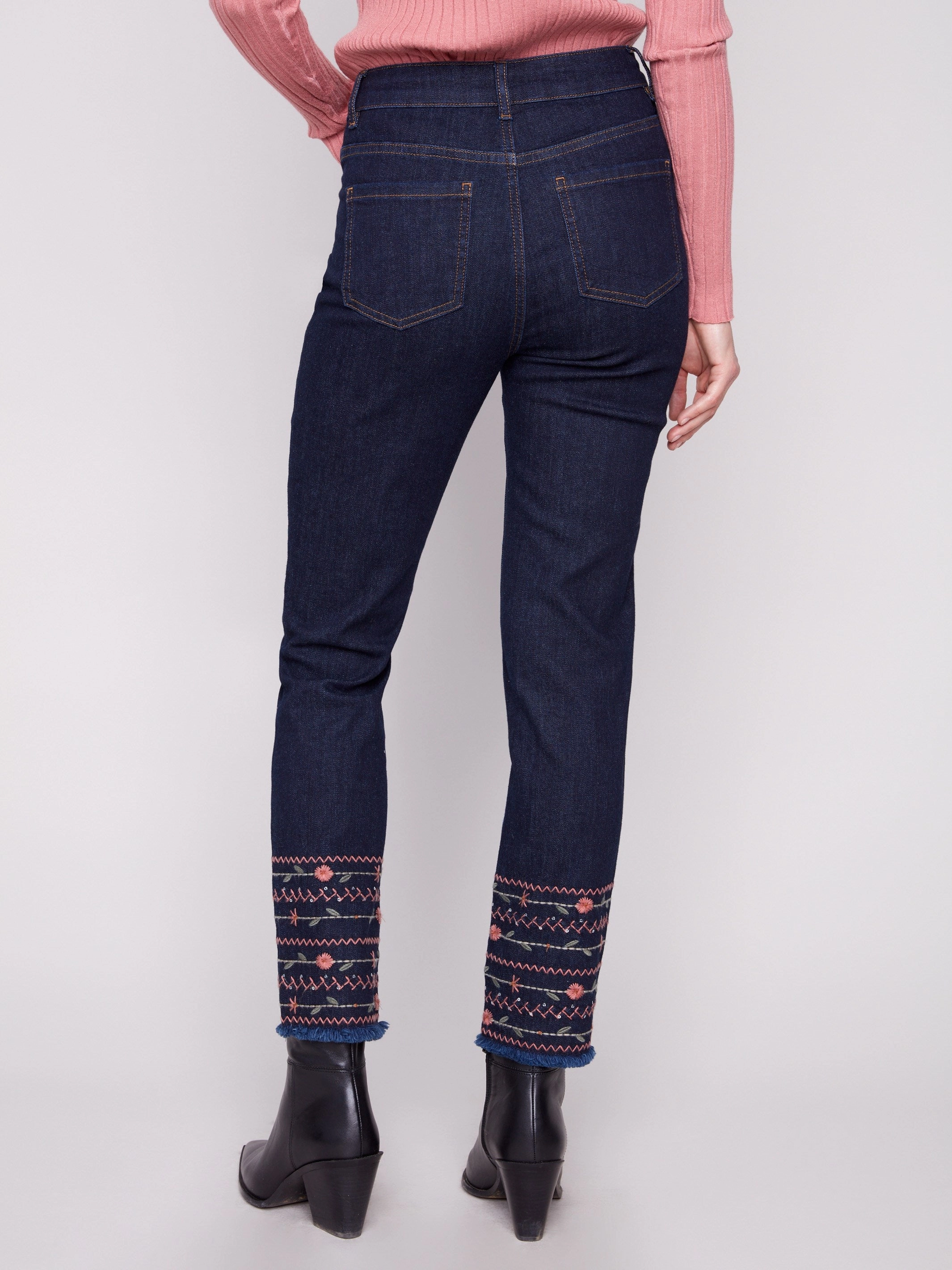 Embroidered Hem Jeans - Deep Blue Street Fashion Parent Style Basic Necessity