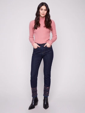 Embroidered Hem Jeans - Deep Blue Modern Weekend Style Customizable Fit